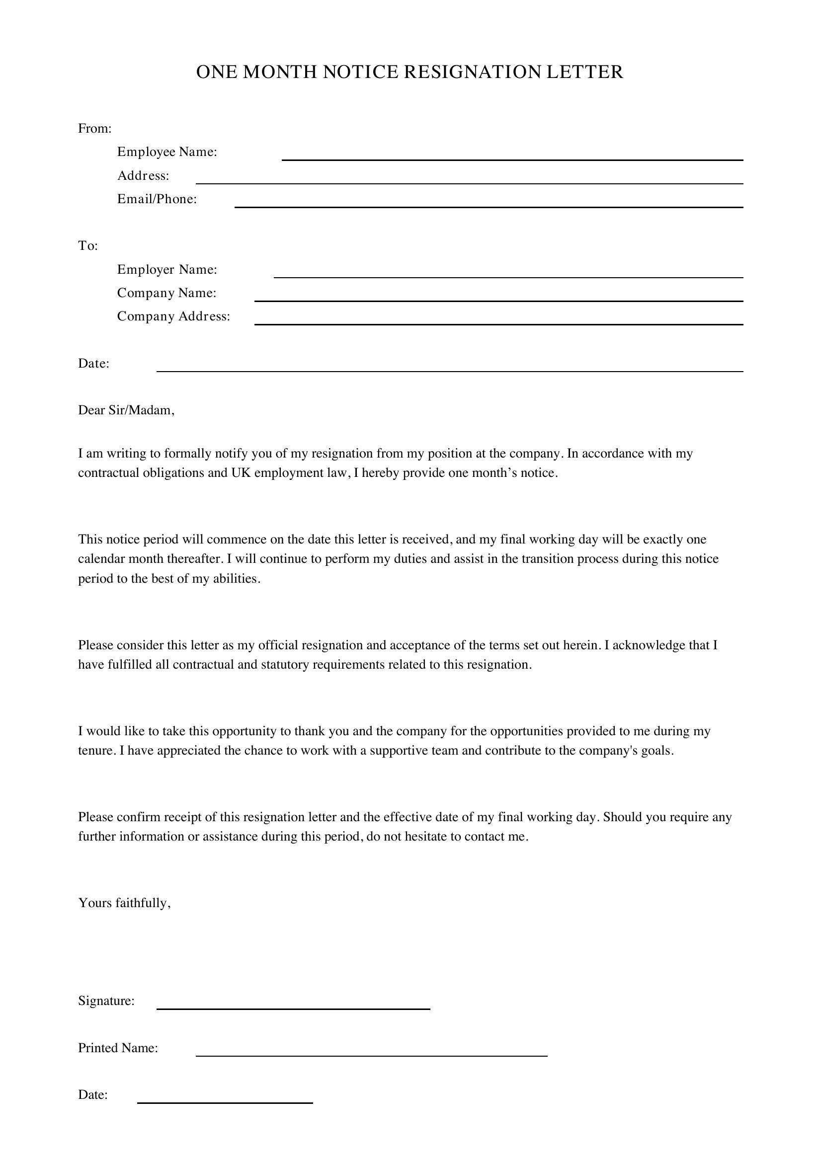 1 Month Notice Resignation Letter Template - UK