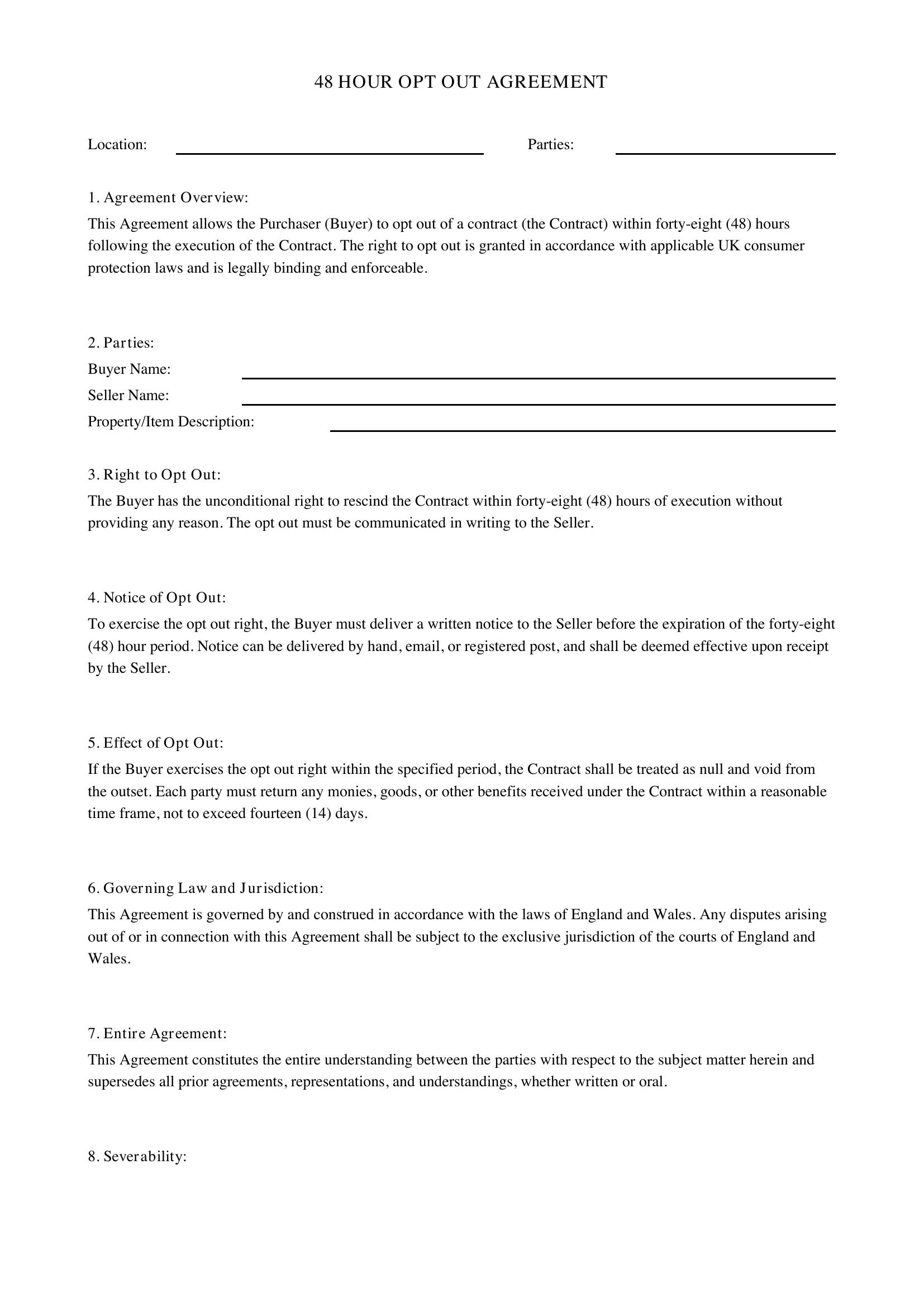 48 Hour Opt Out Agreement Template - UK
