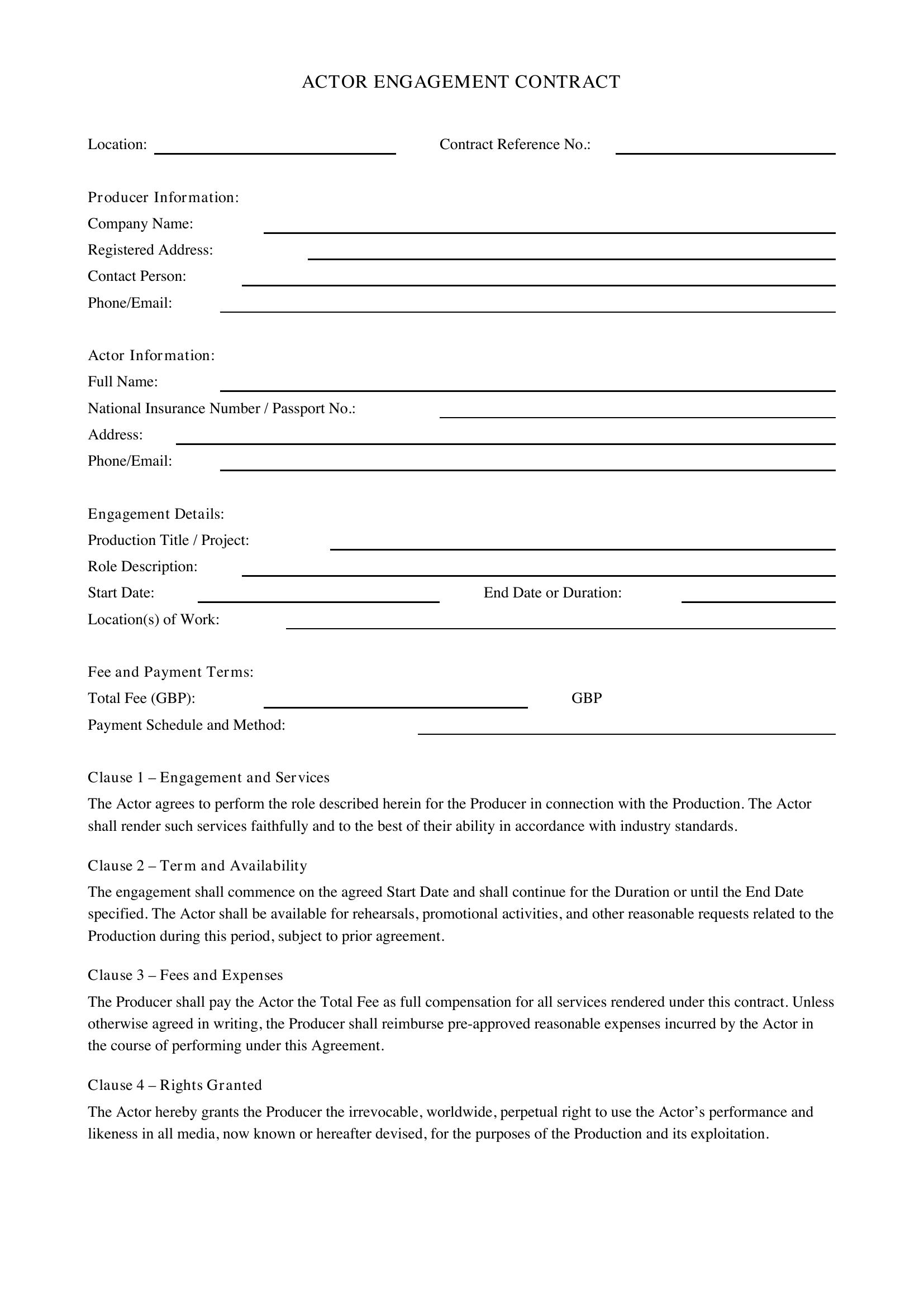 Actor Contract Template - UK