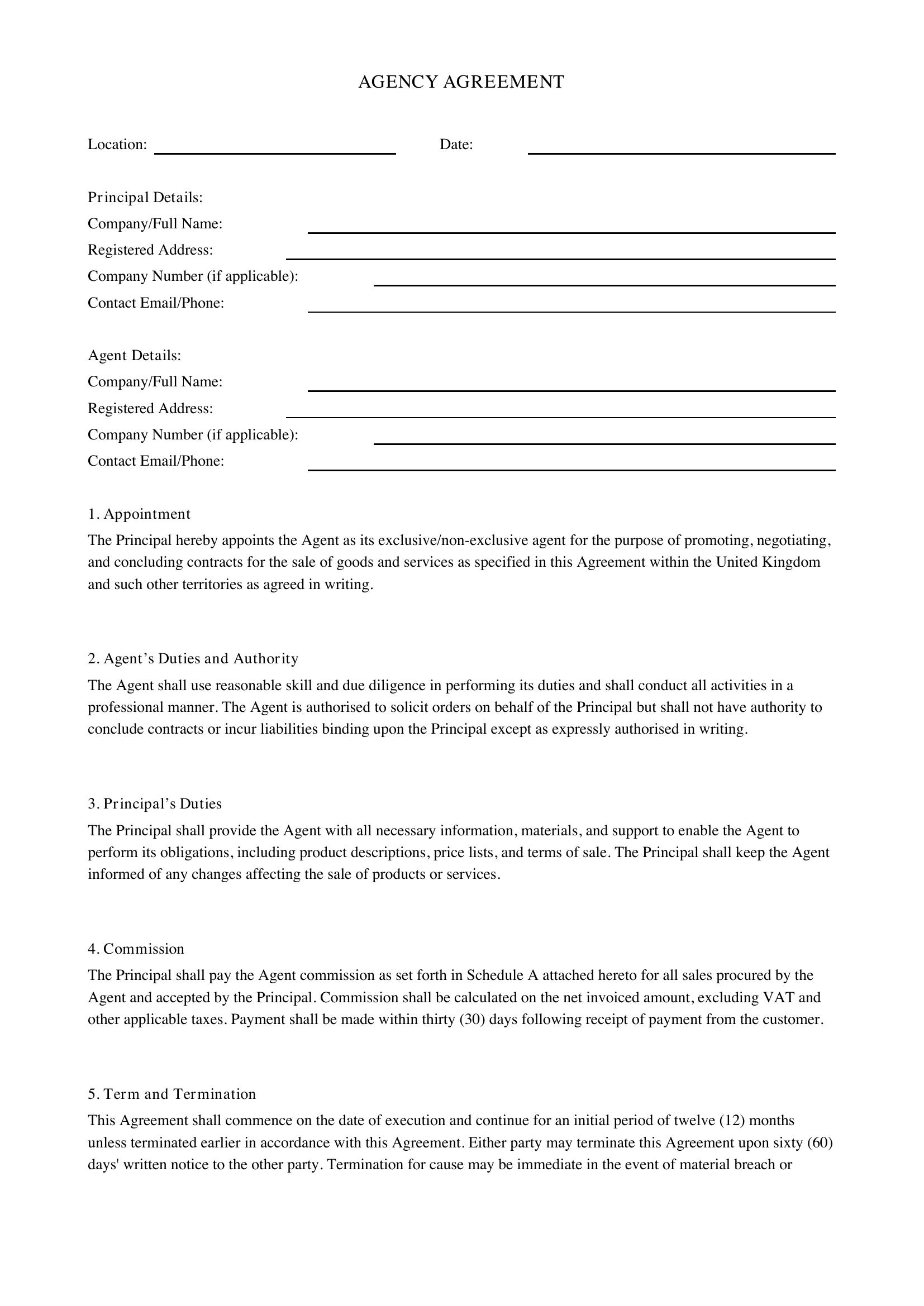Agency Agreement Template - UK