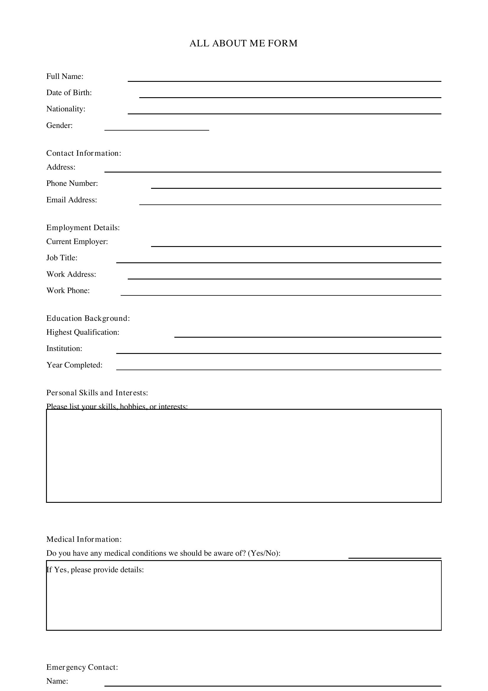 All About Me Form Template - UK