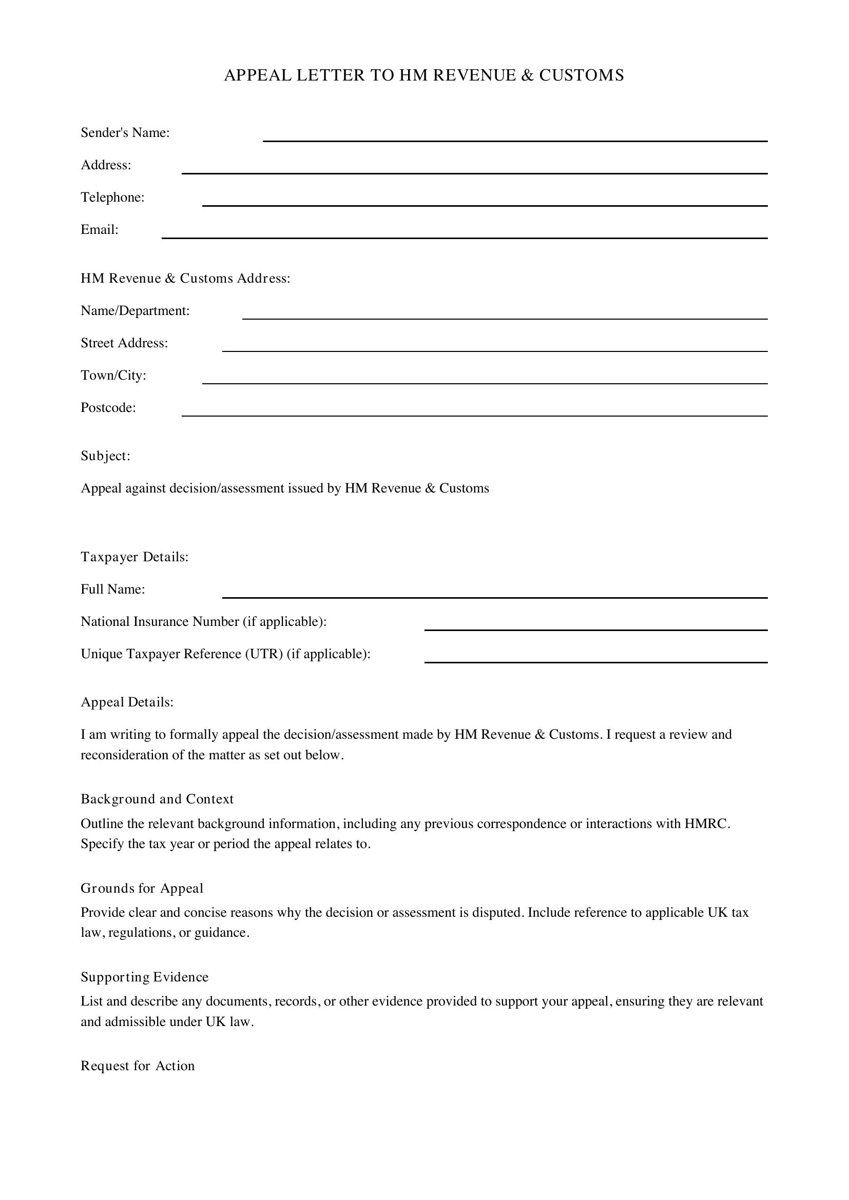 Appeal Letter To Hmrc Template - UK
