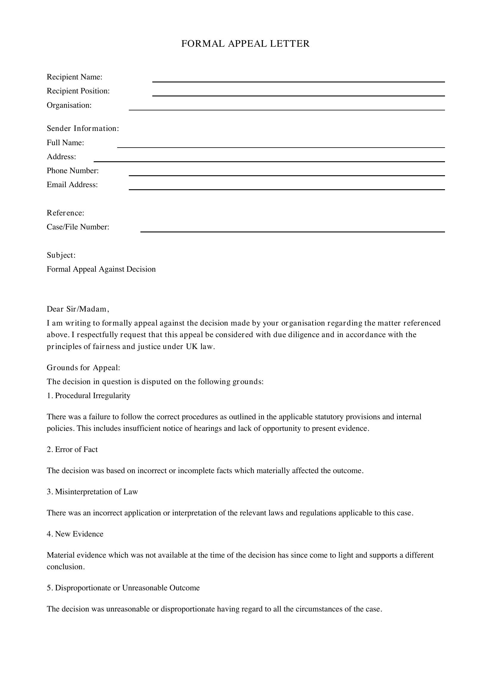 Appeal Letter Template - UK