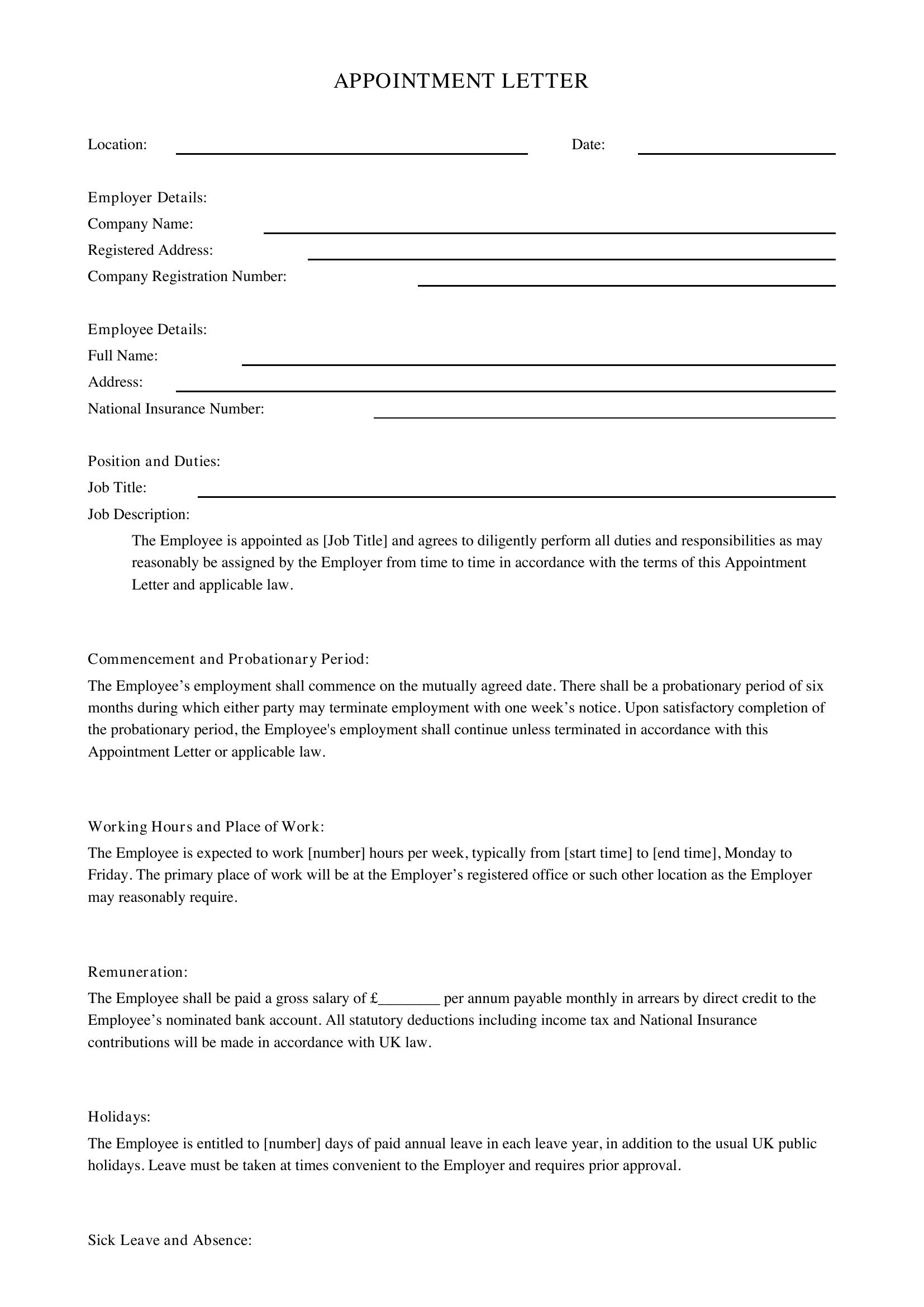 Appointment Letter Template - UK