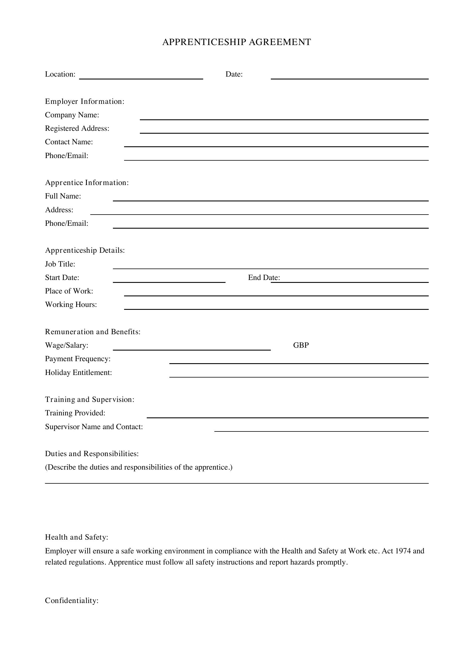 Apprenticeship Agreement Template - UK