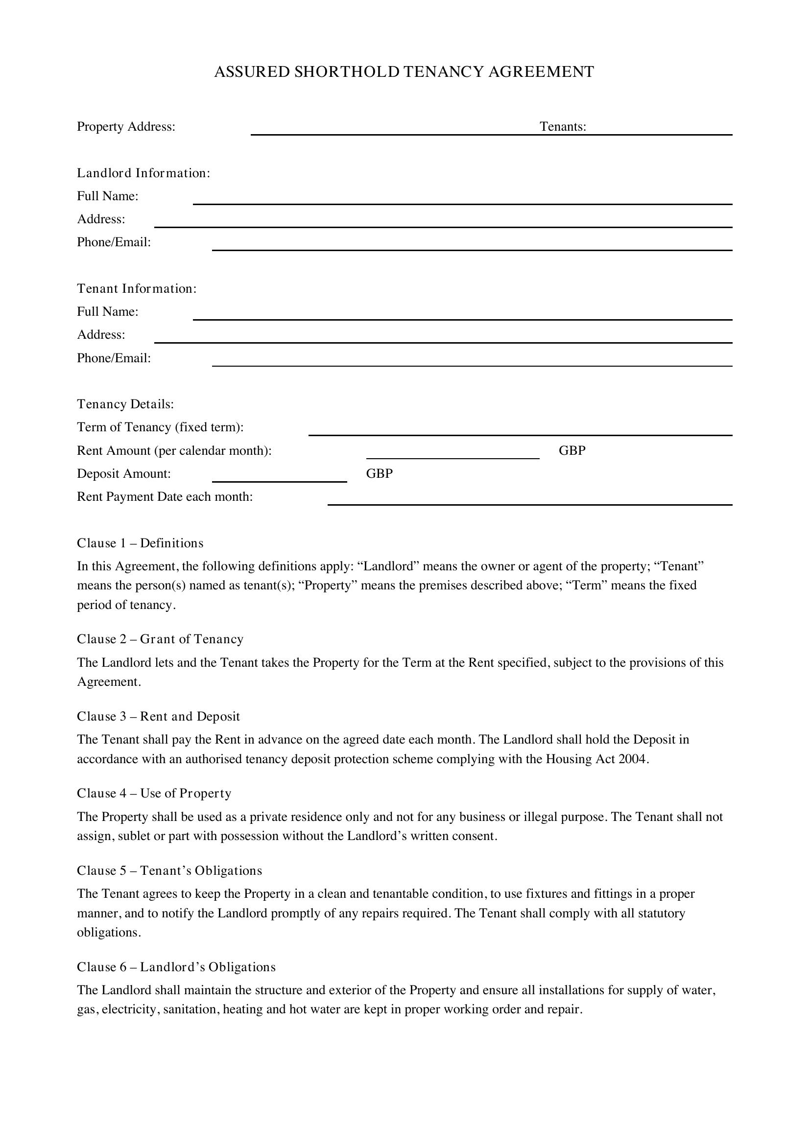 Assured Shorthold Tenancy Agreement Template - UK