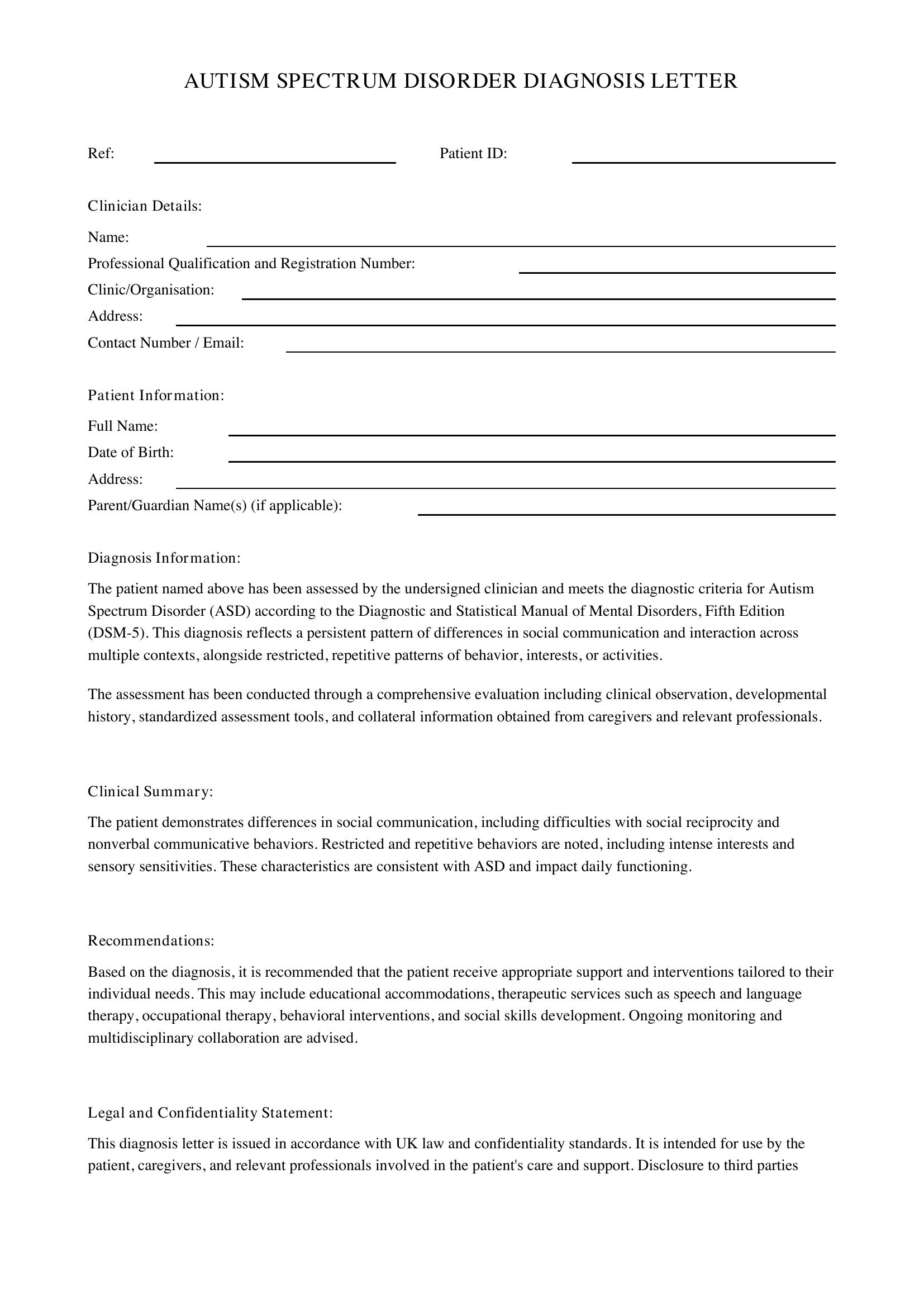 Autism Diagnosis Letter Template - UK