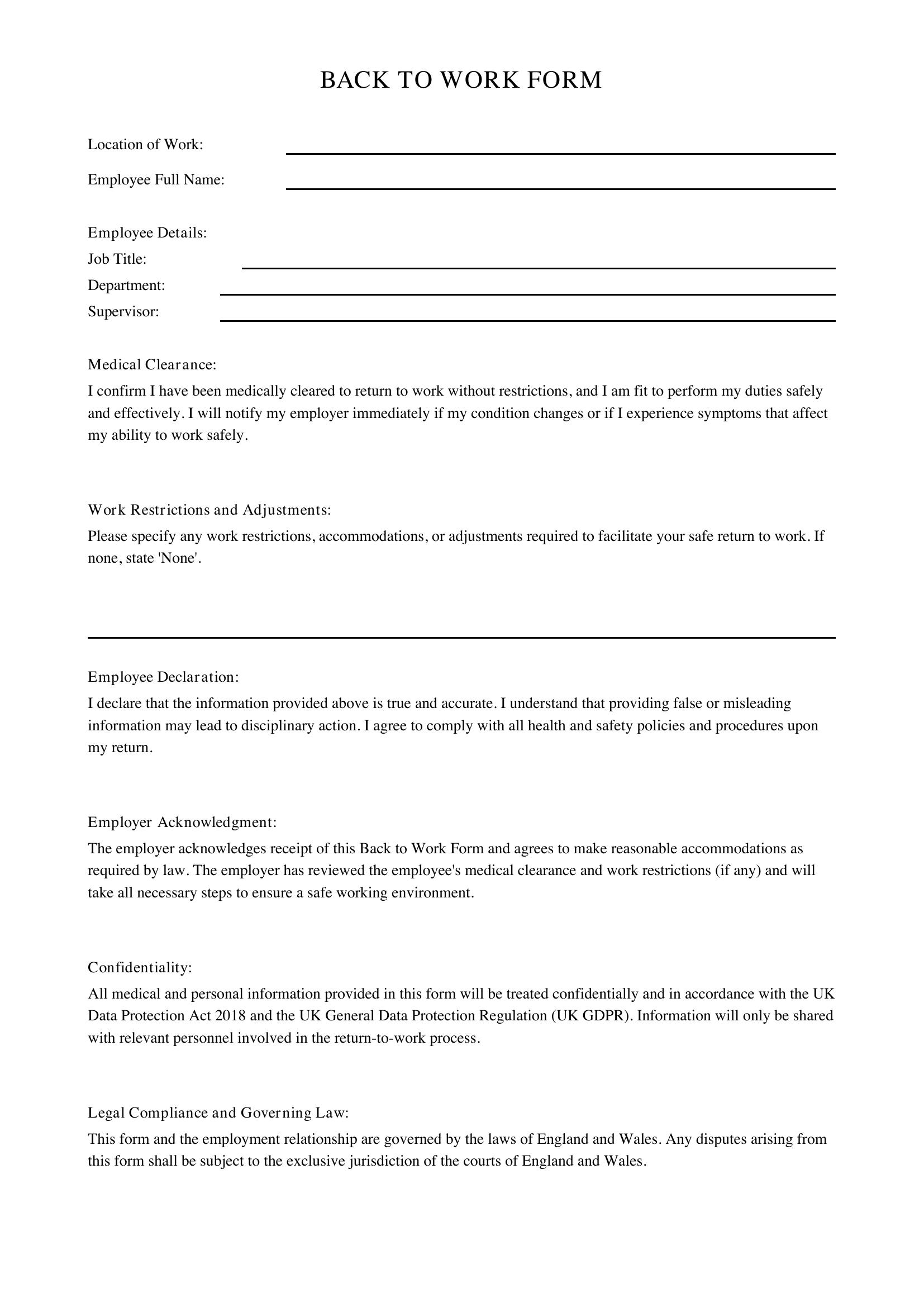 Back To Work Form Template - UK