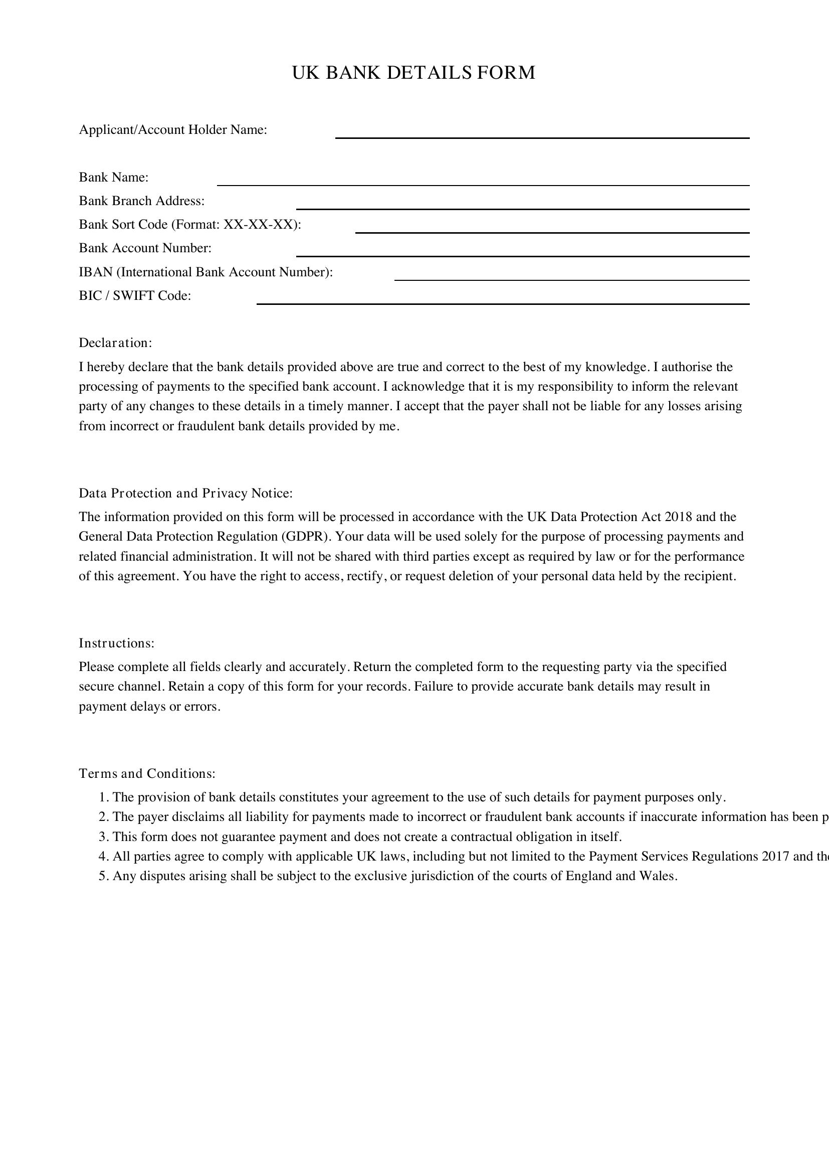 Bank Details Form Template - UK