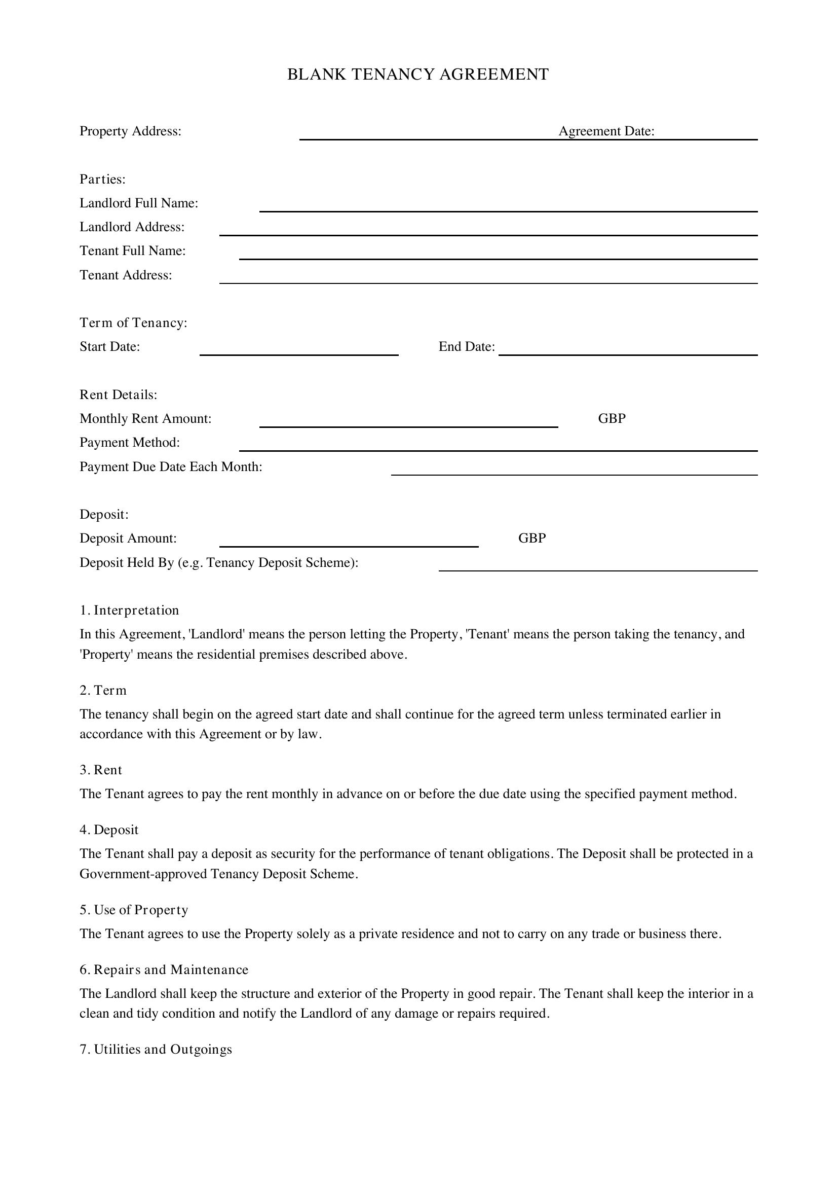Blank Tenancy Agreement Template - UK