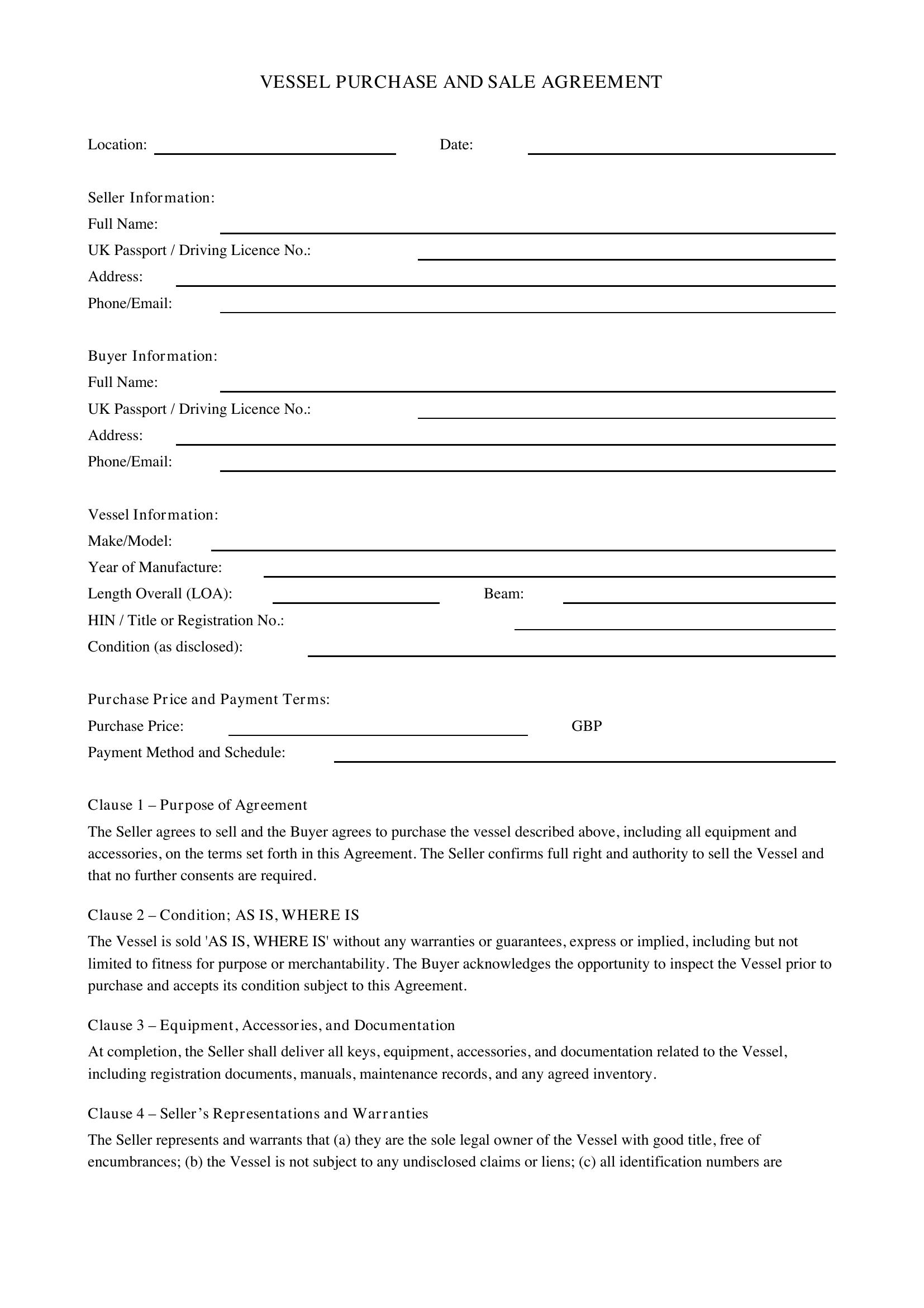 Boat Sale Contract Template - UK
