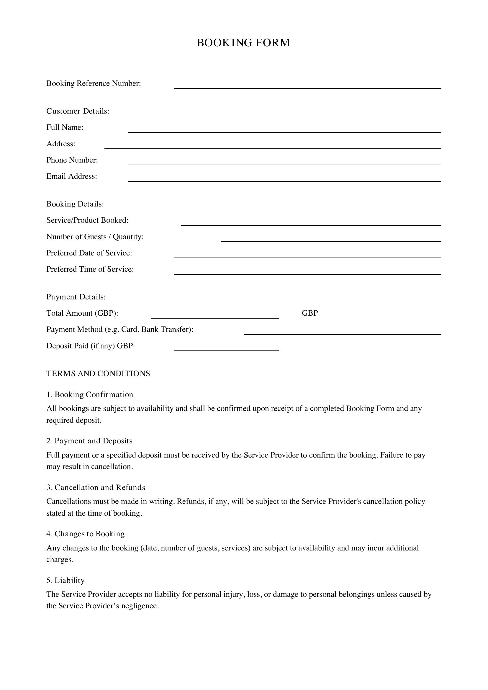 Booking Form Template - UK