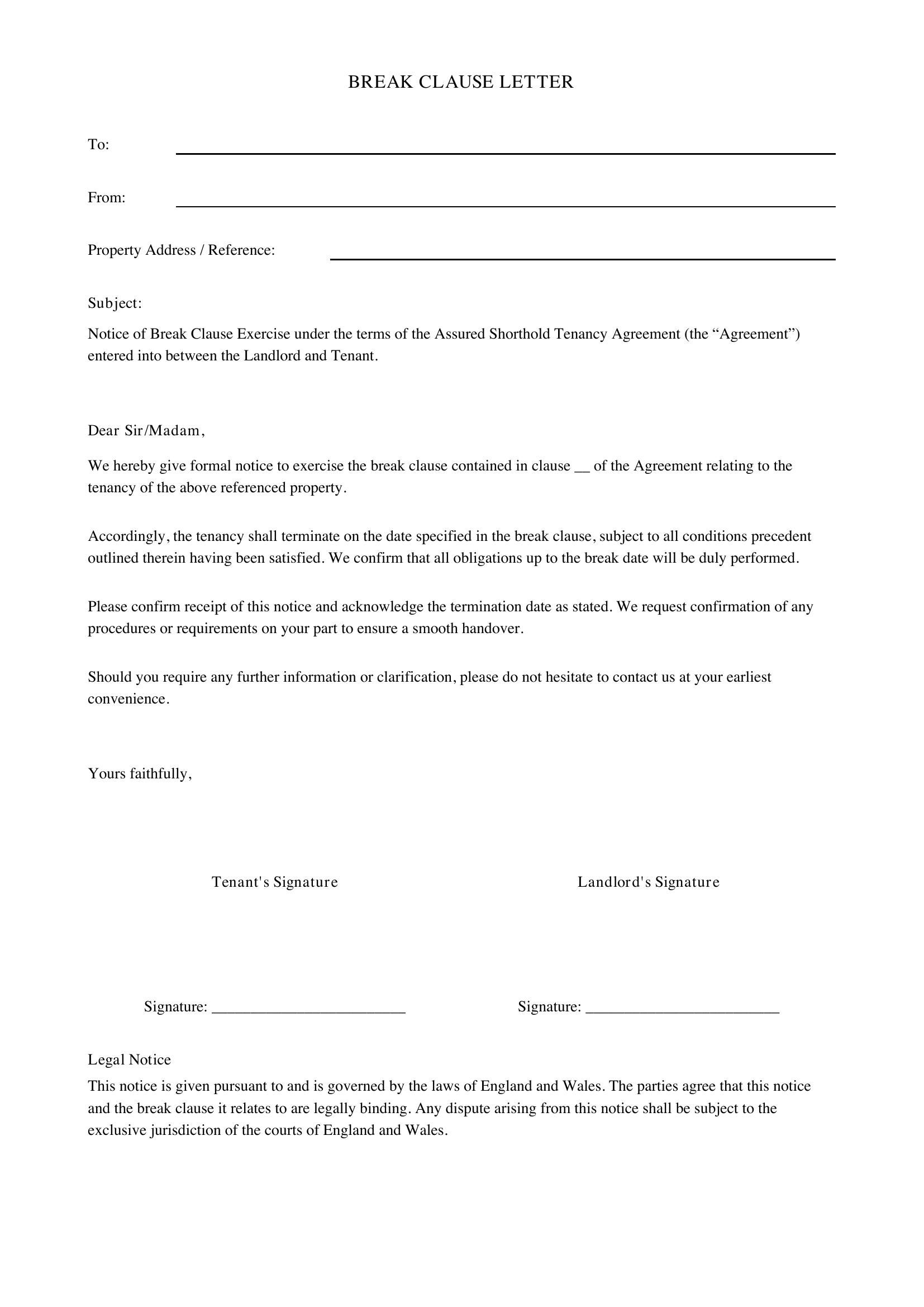 Break Clause Letter Template - UK