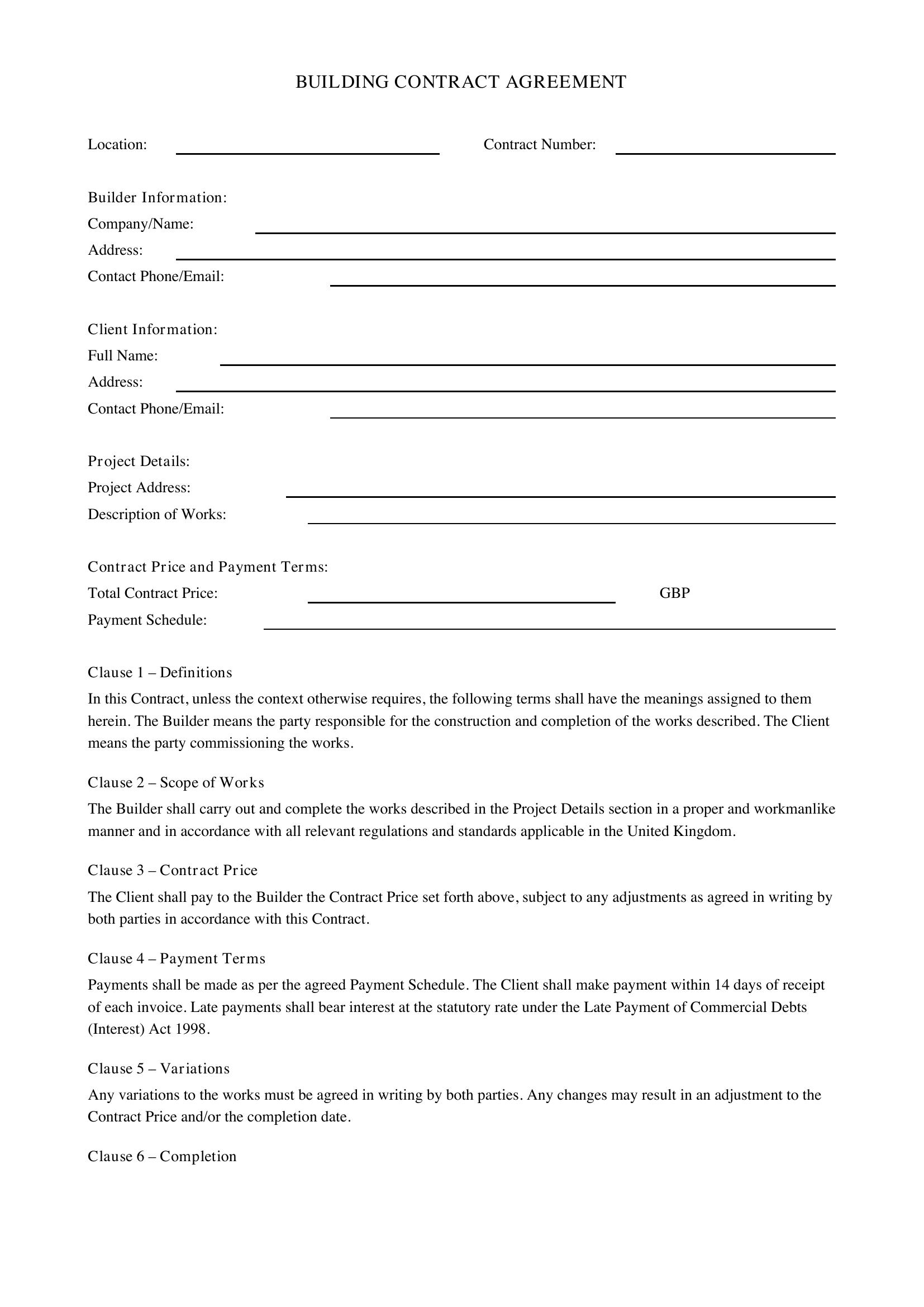 Builder Contract Template - UK