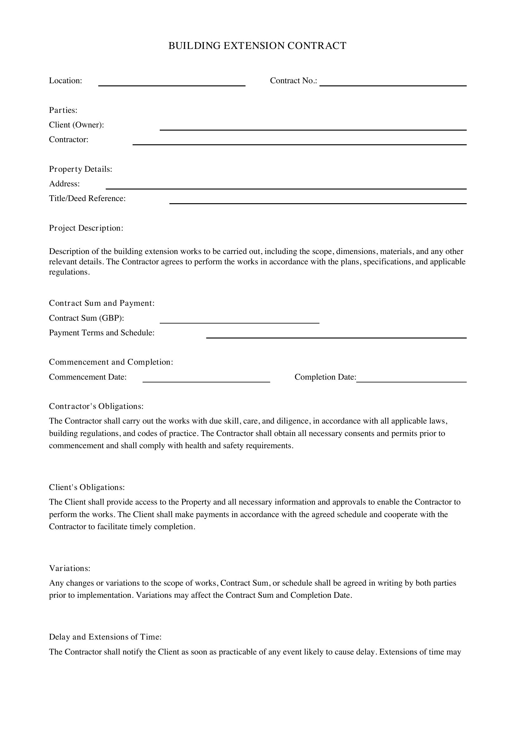 Building Extension Contract Template - UK