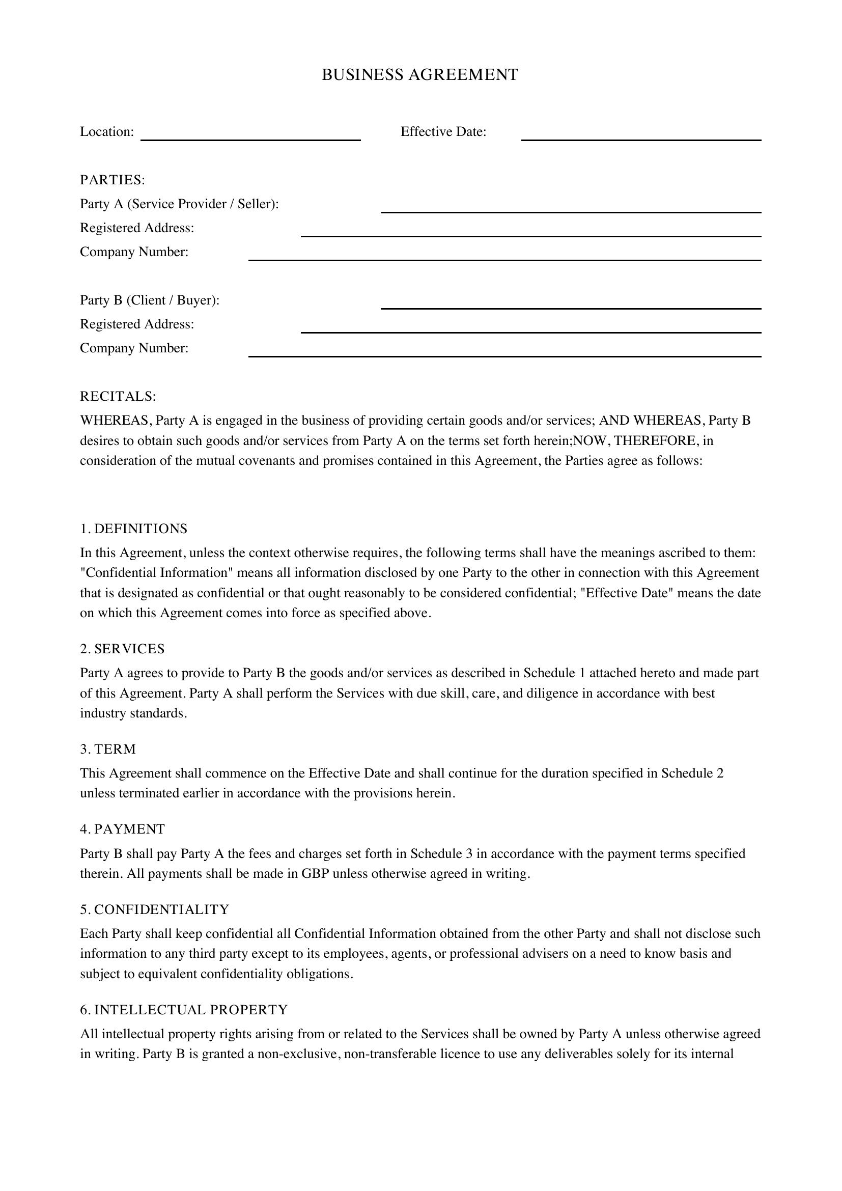 Business Agreement Template - UK