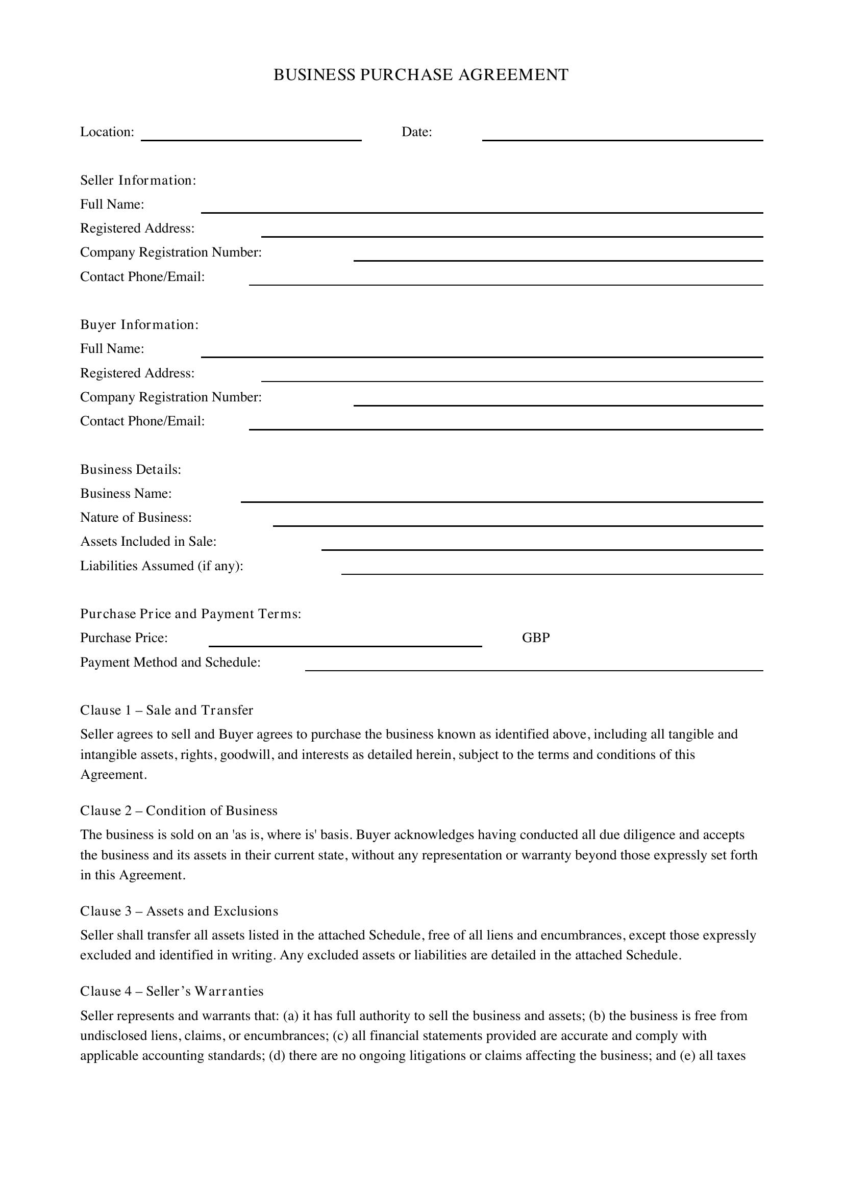 Business Purchase Agreement Template - UK