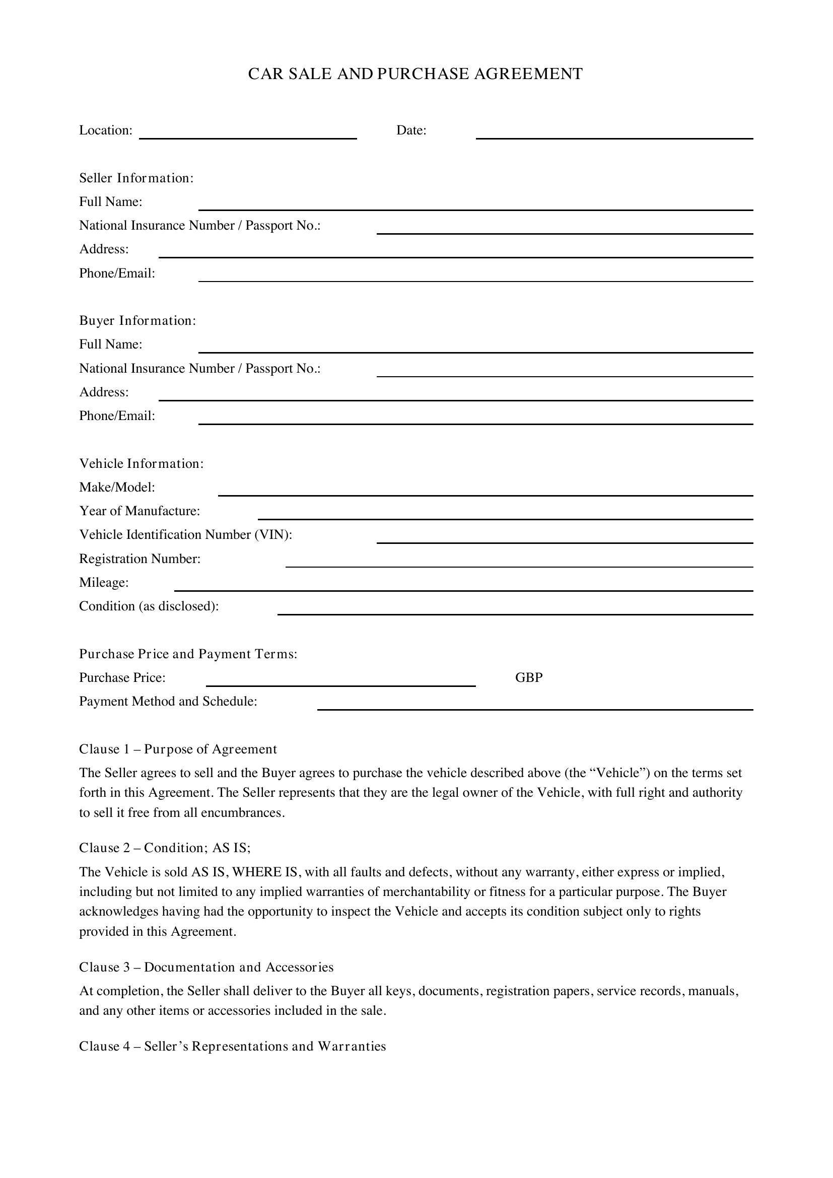 Car Sale Agreement Template - UK