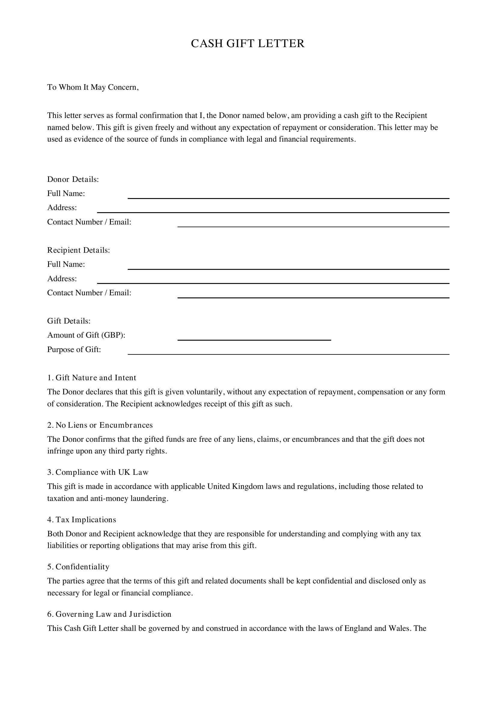 Cash Gift Letter Template - UK