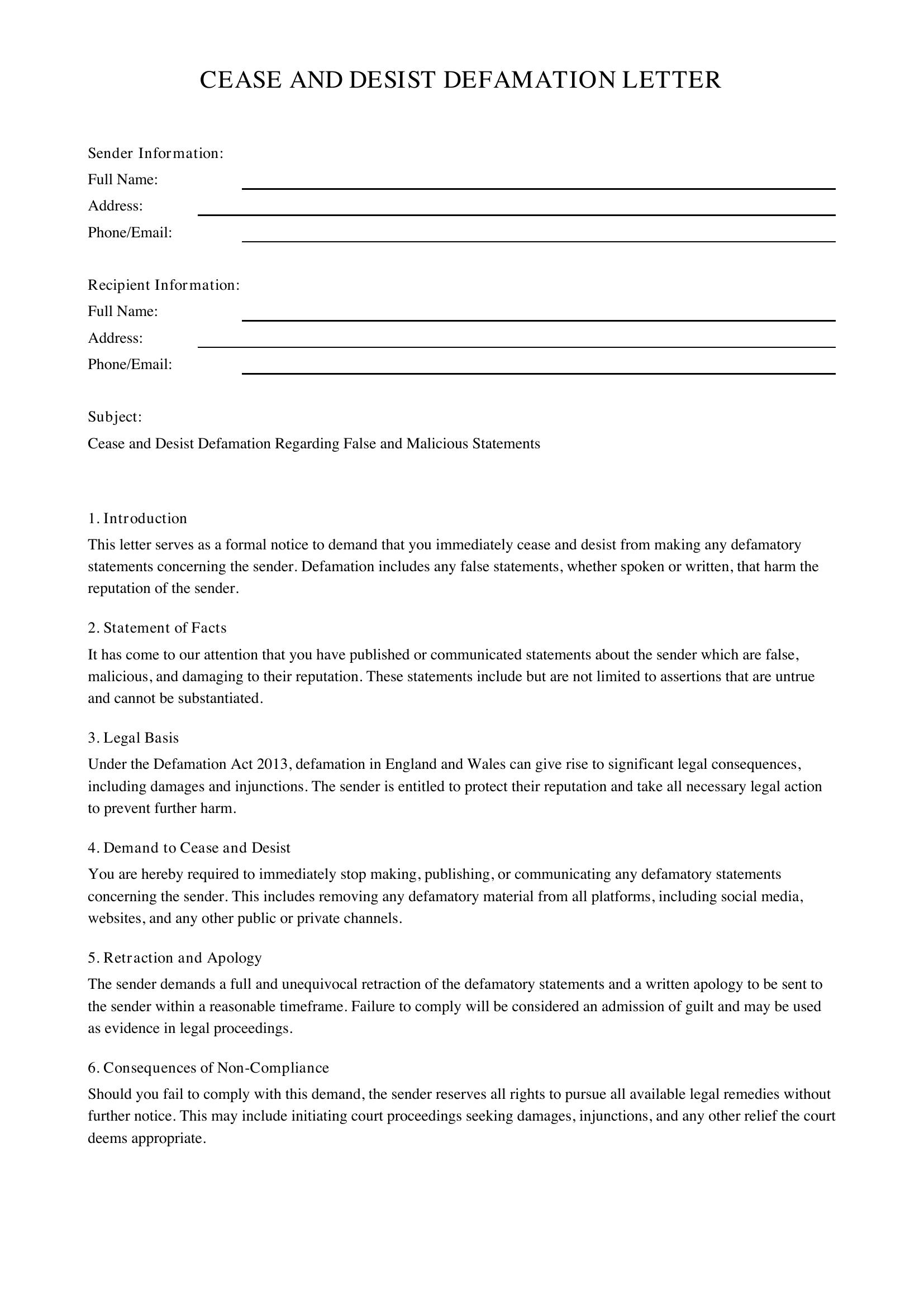 Cease And Desist Defamation Letter Template - UK