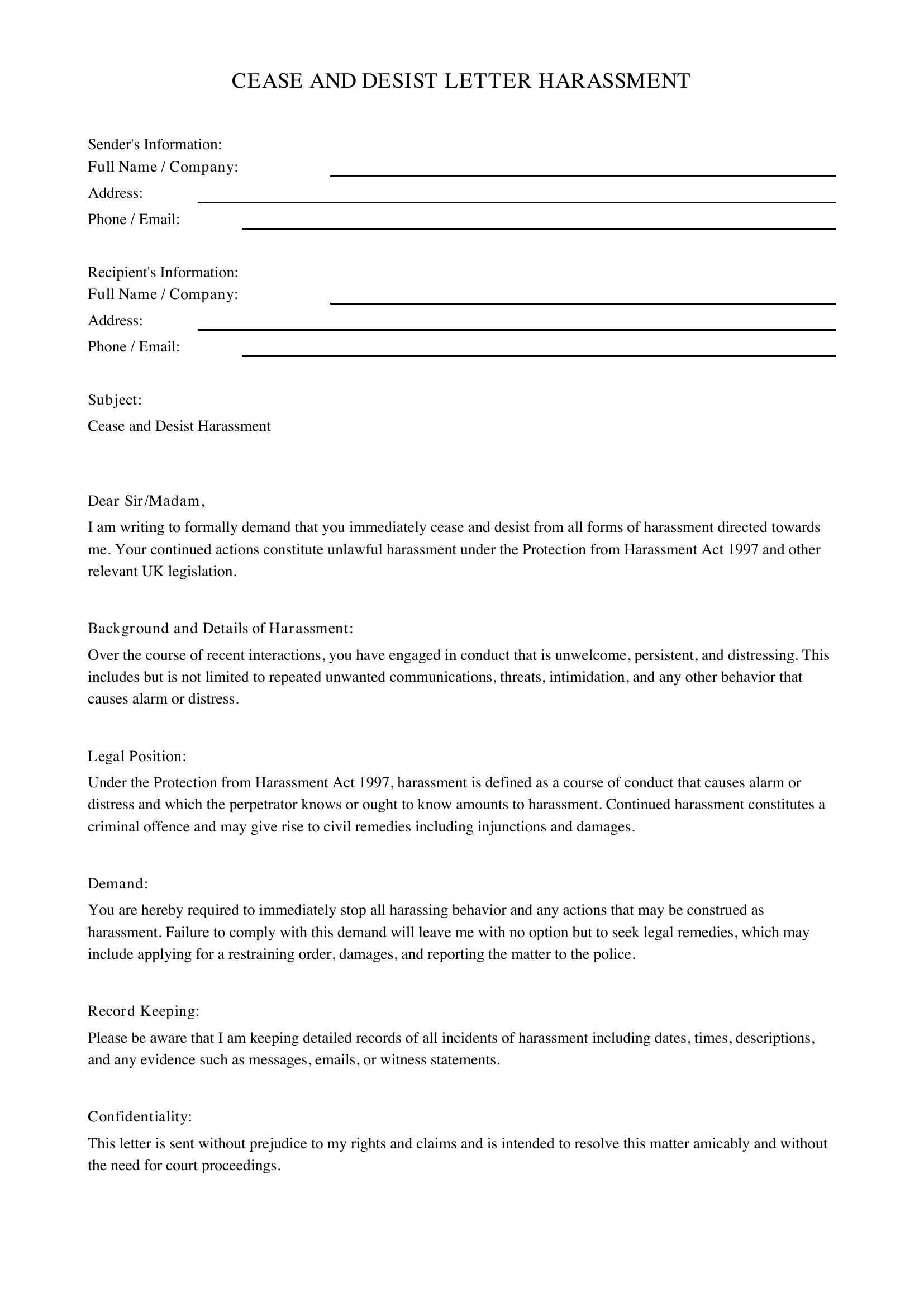 Cease And Desist Letter Harassment Template - UK