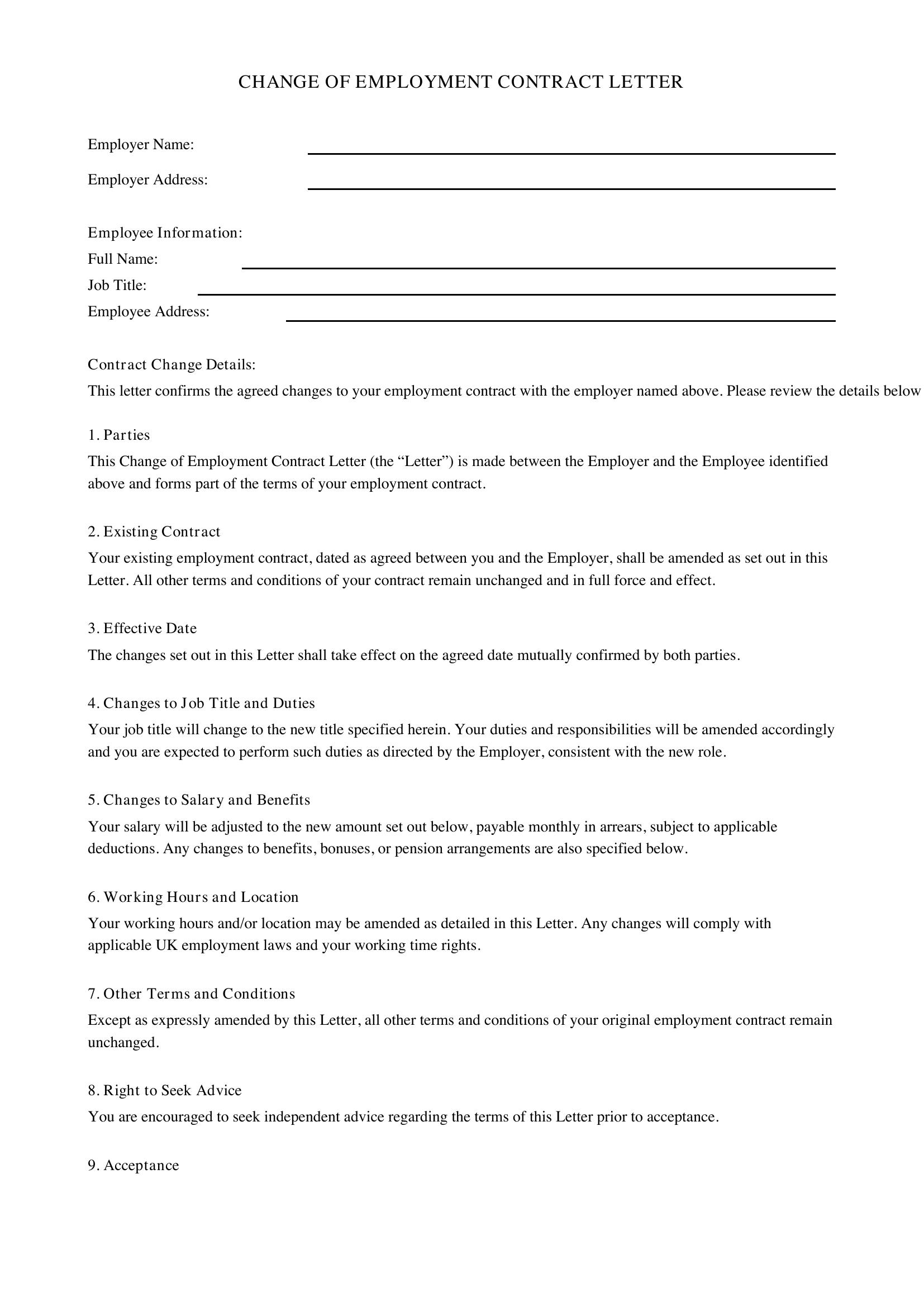 Change Of Employment Contract Letter Template - UK