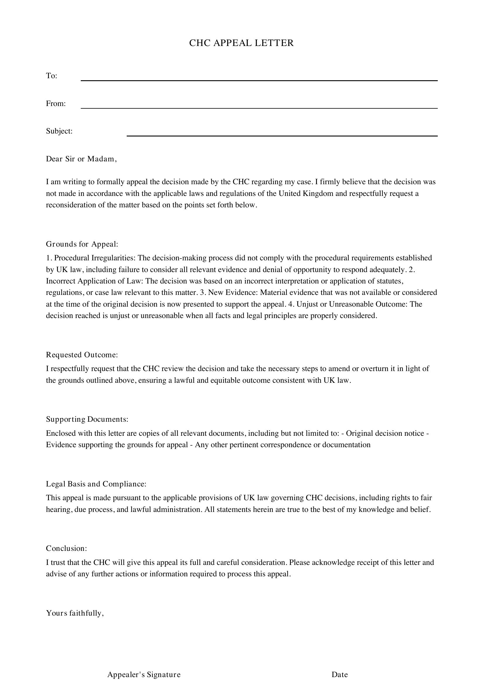 Chc Appeal Letter Template - UK