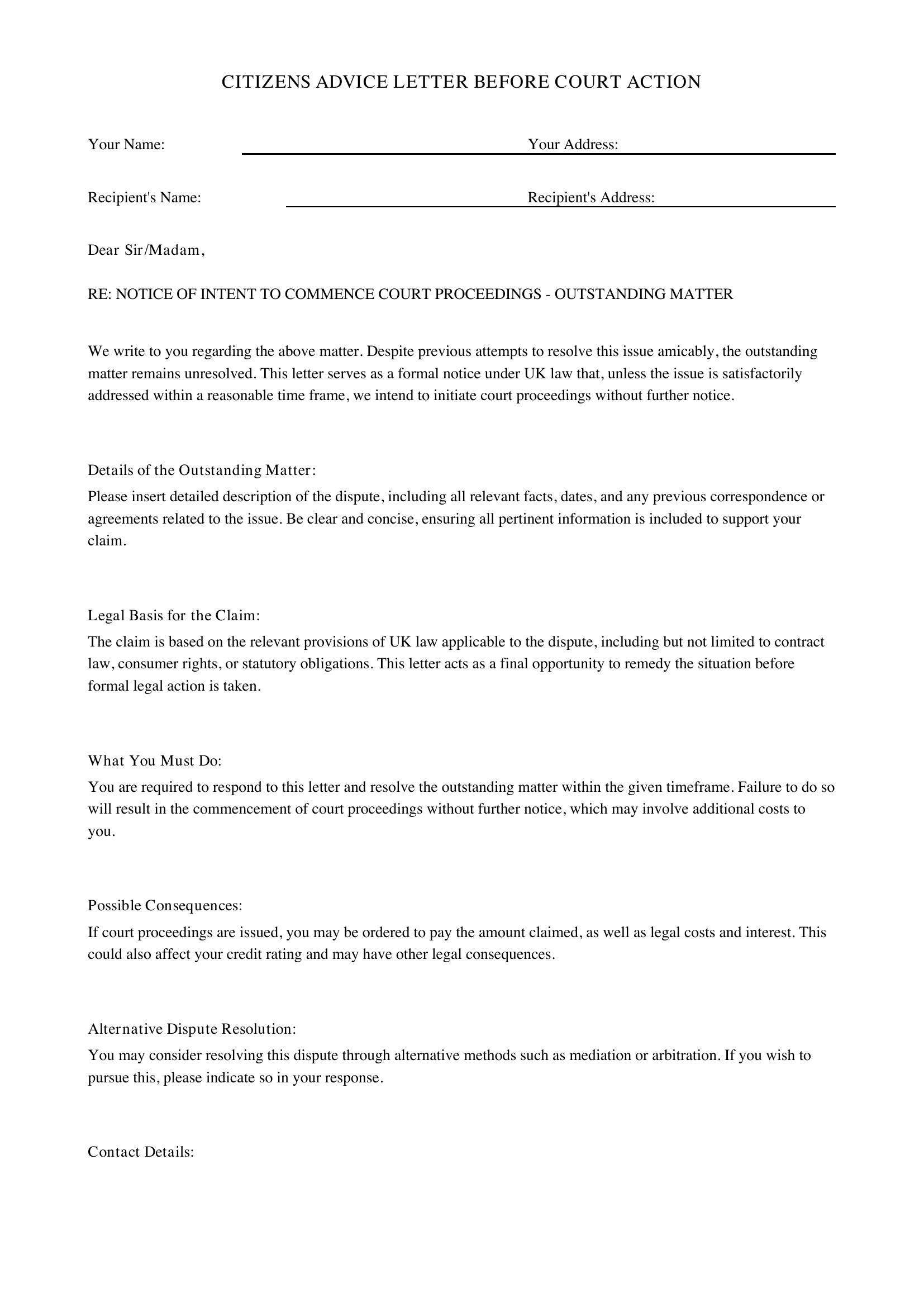 Citizens Advice Letter Before Court Action Template - UK