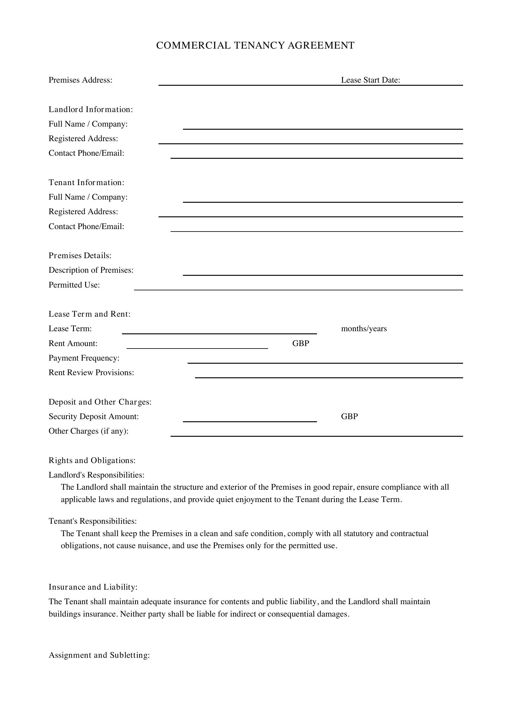 Commercial Tenancy Agreement Template - UK