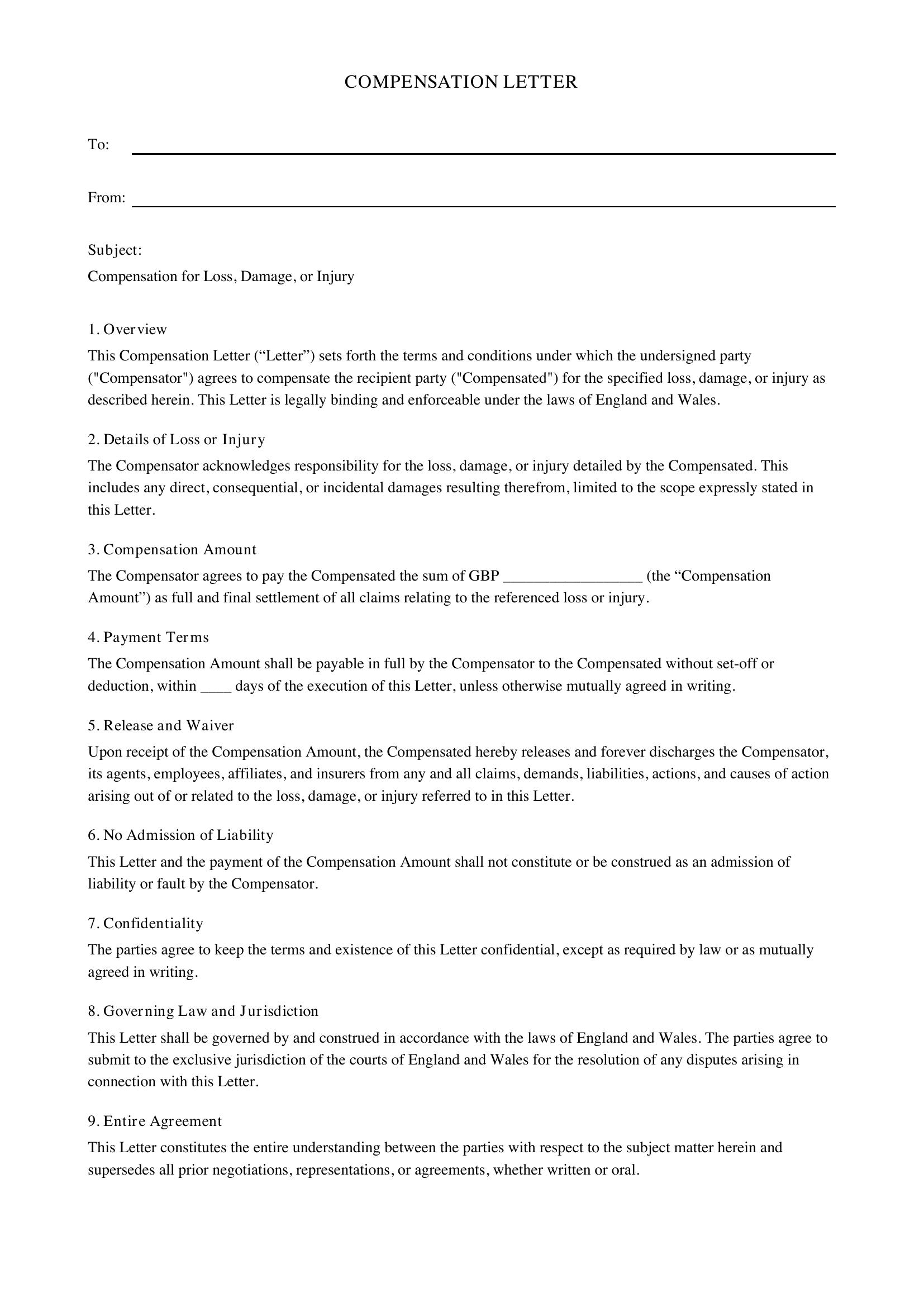 Compensation Letter Template - UK