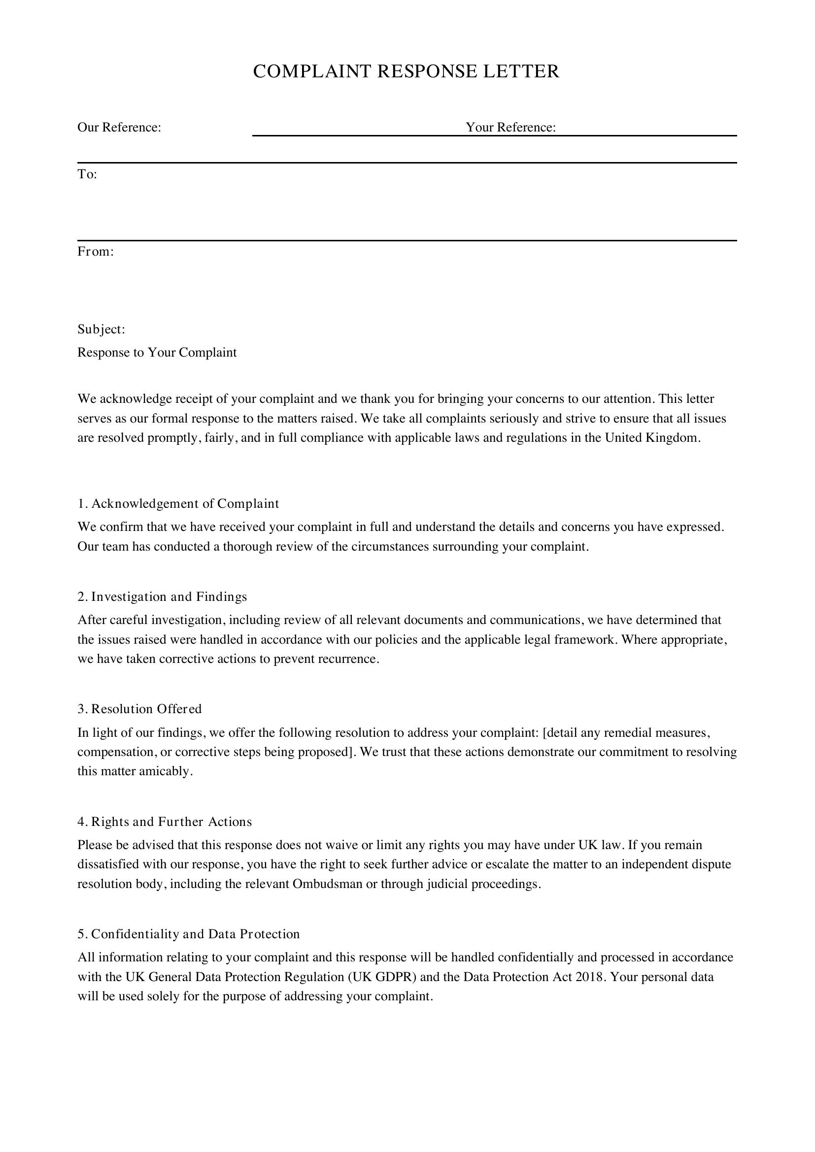 Complaint Response Letter Template - UK