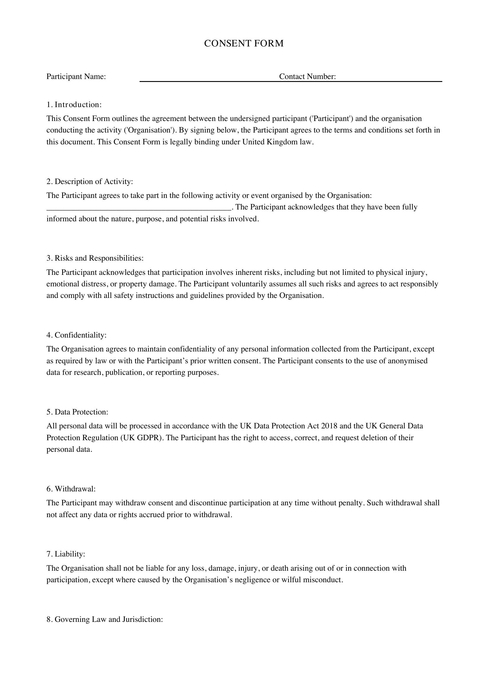 Consent Form Template - UK