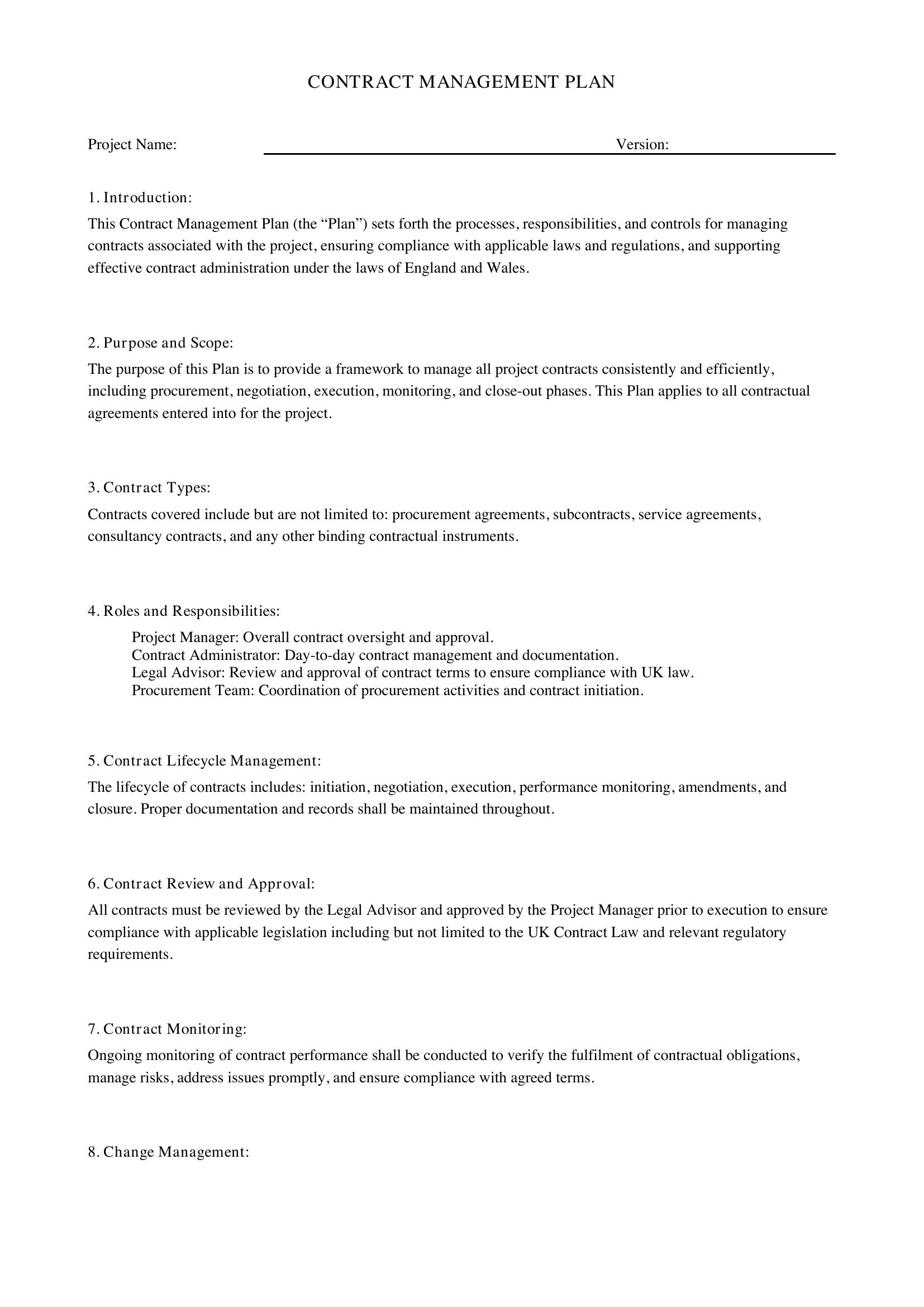 Contract Management Plan Template - UK