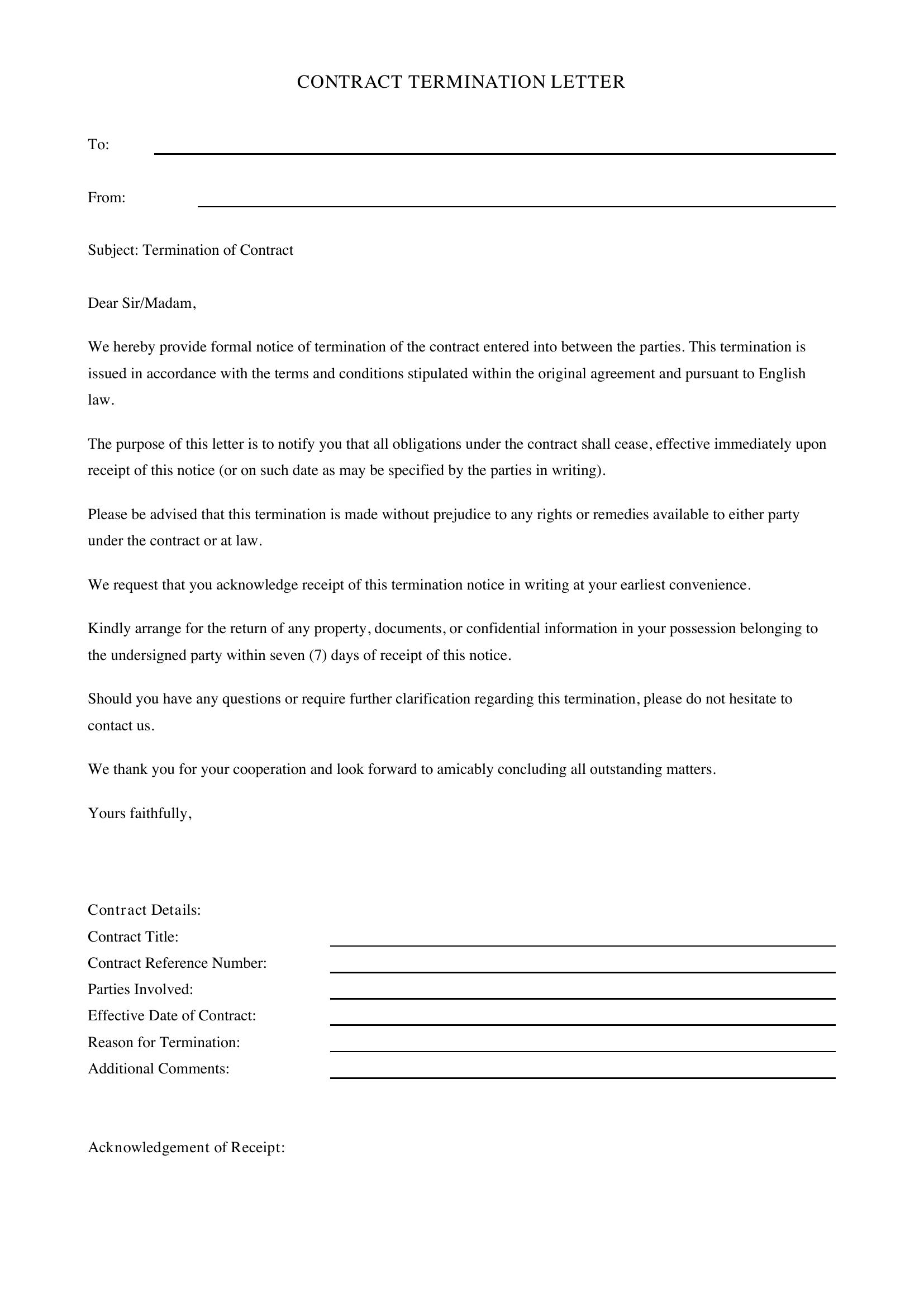 Contract Termination Letter Template - UK