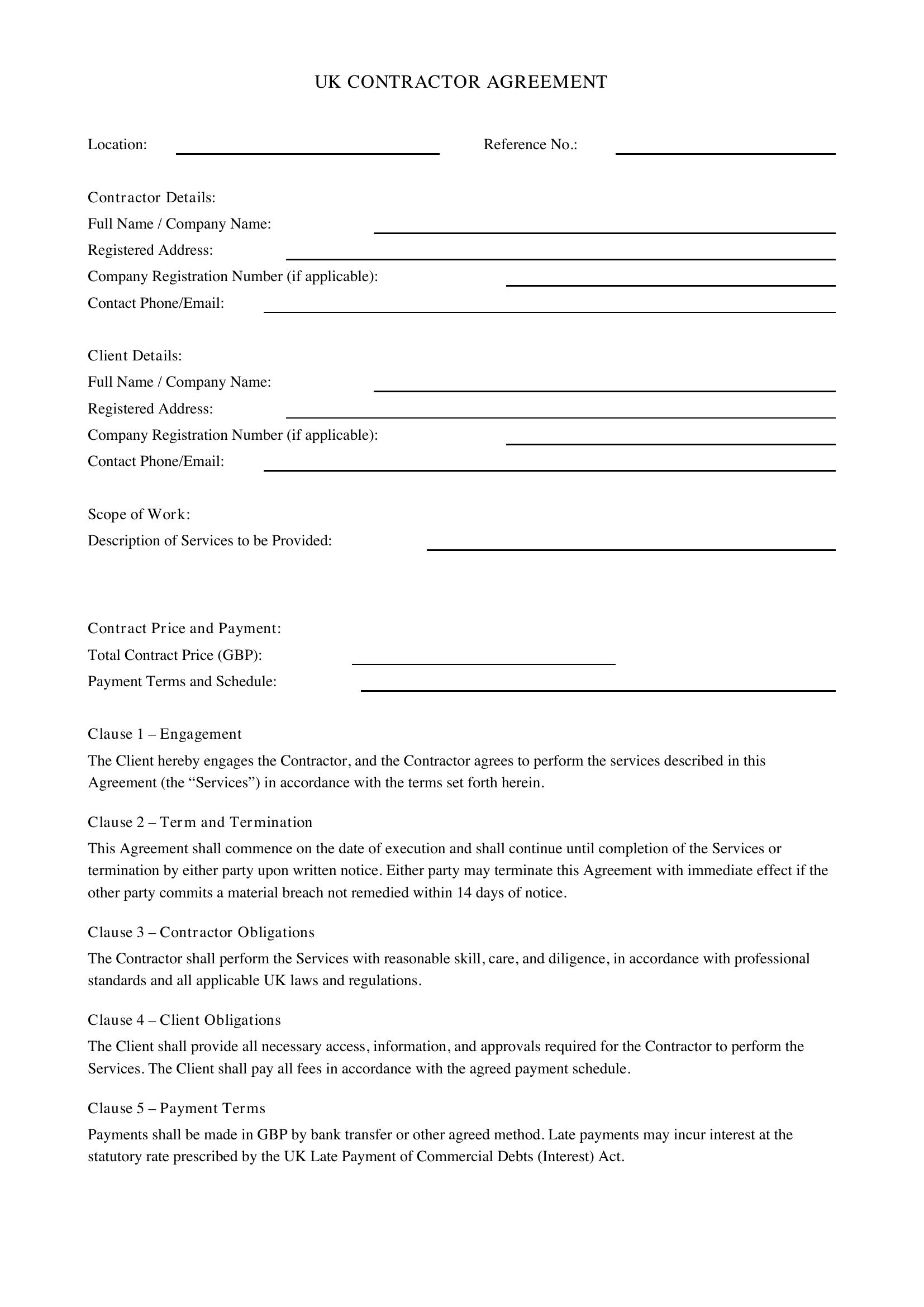 Contractor Agreement Template - UK