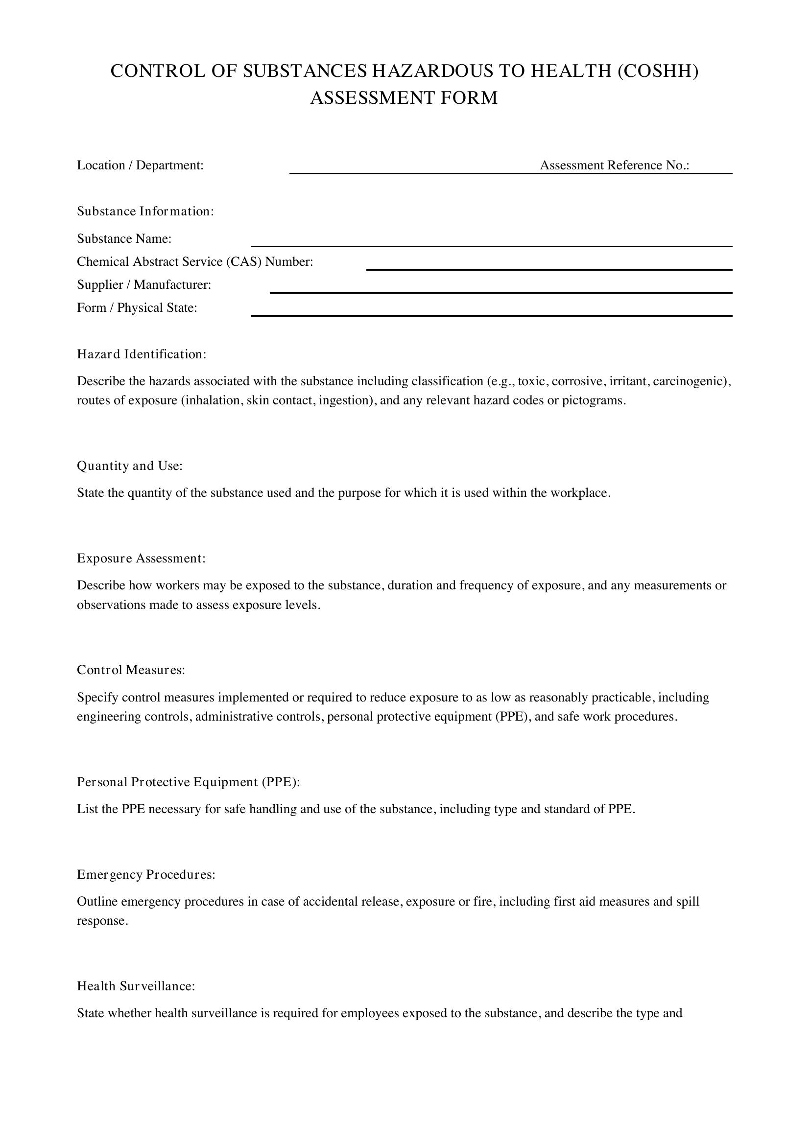 Coshh Form Template - UK