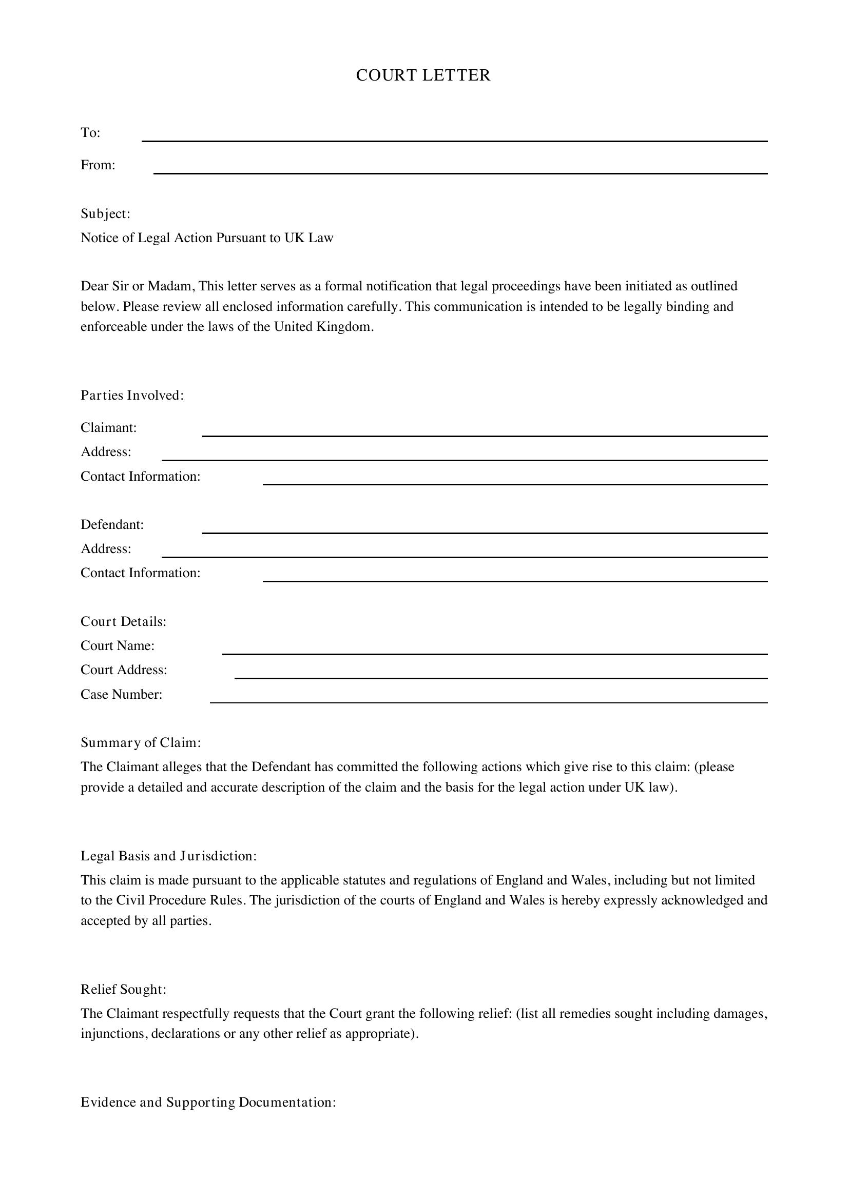 Court Letter Template - UK