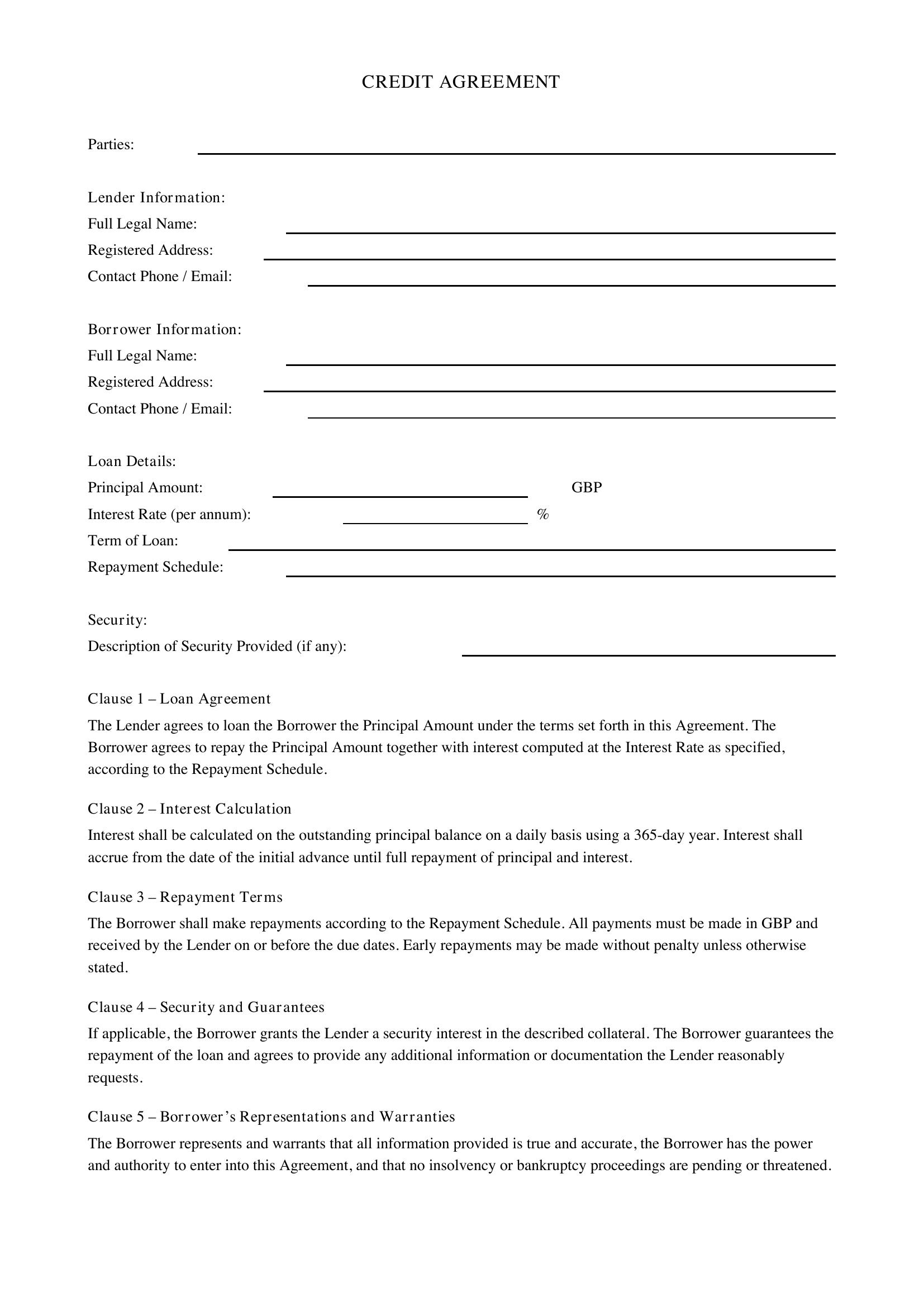 Credit Agreement Template - UK