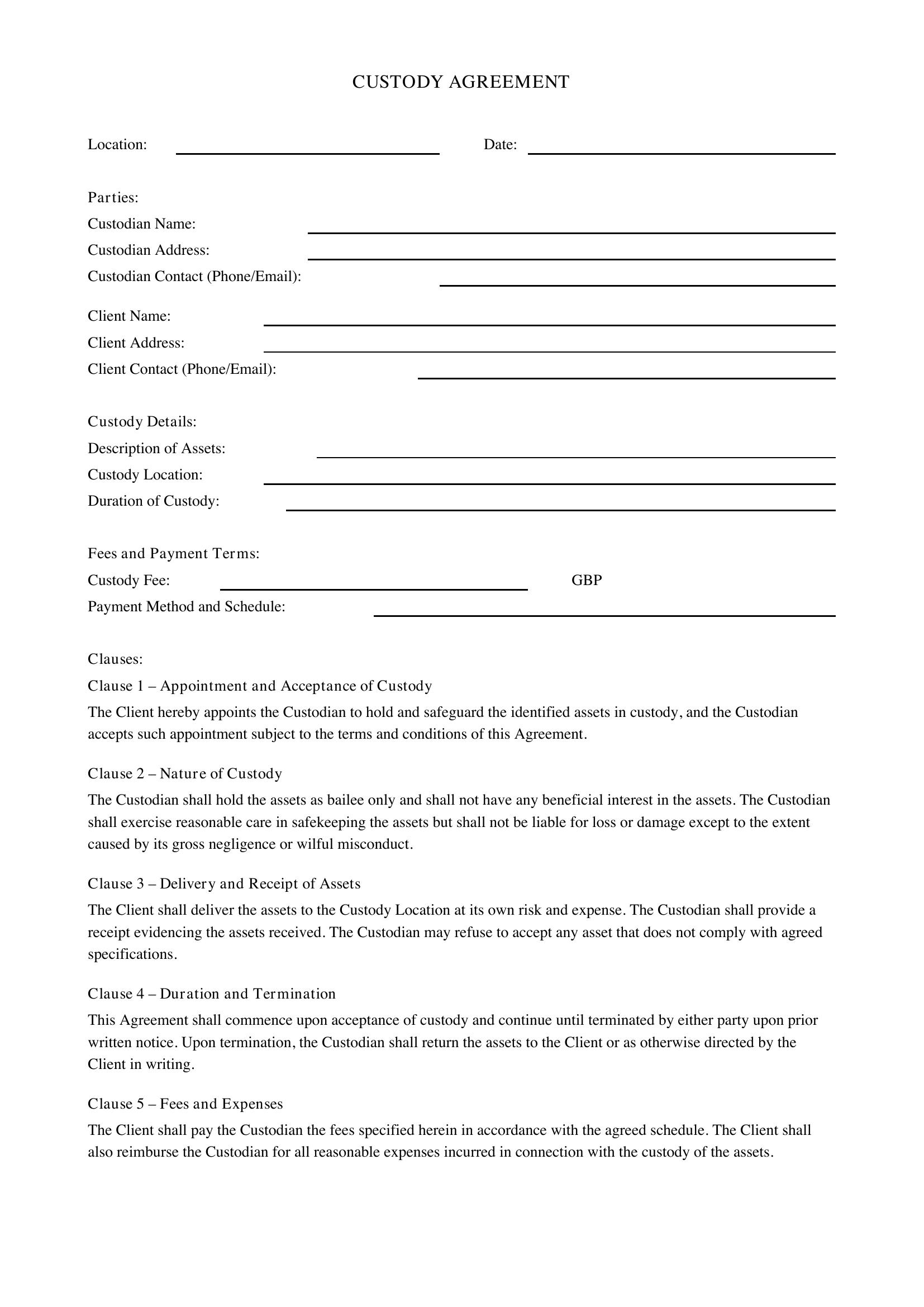 Custody Agreement Template - UK