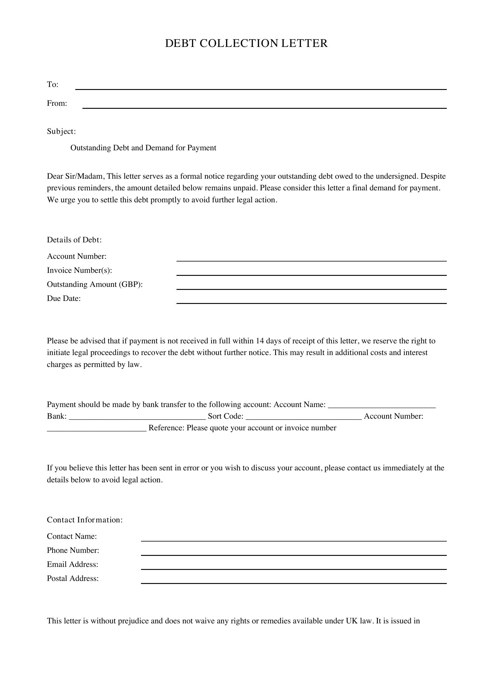 Debt Collection Letter Template - UK