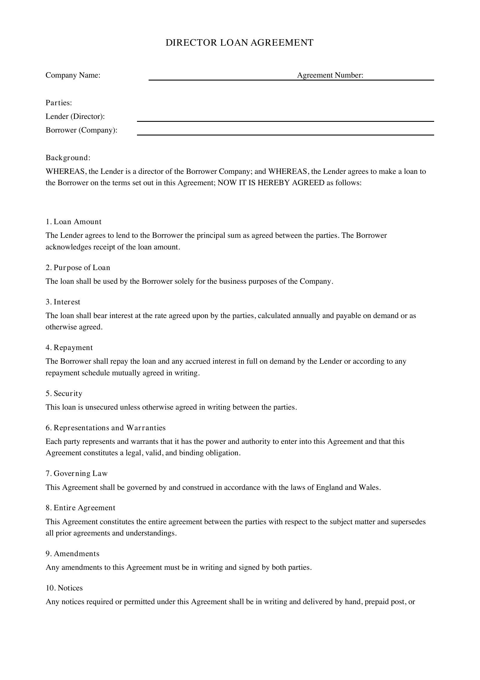 Director Loan Agreement Template - UK