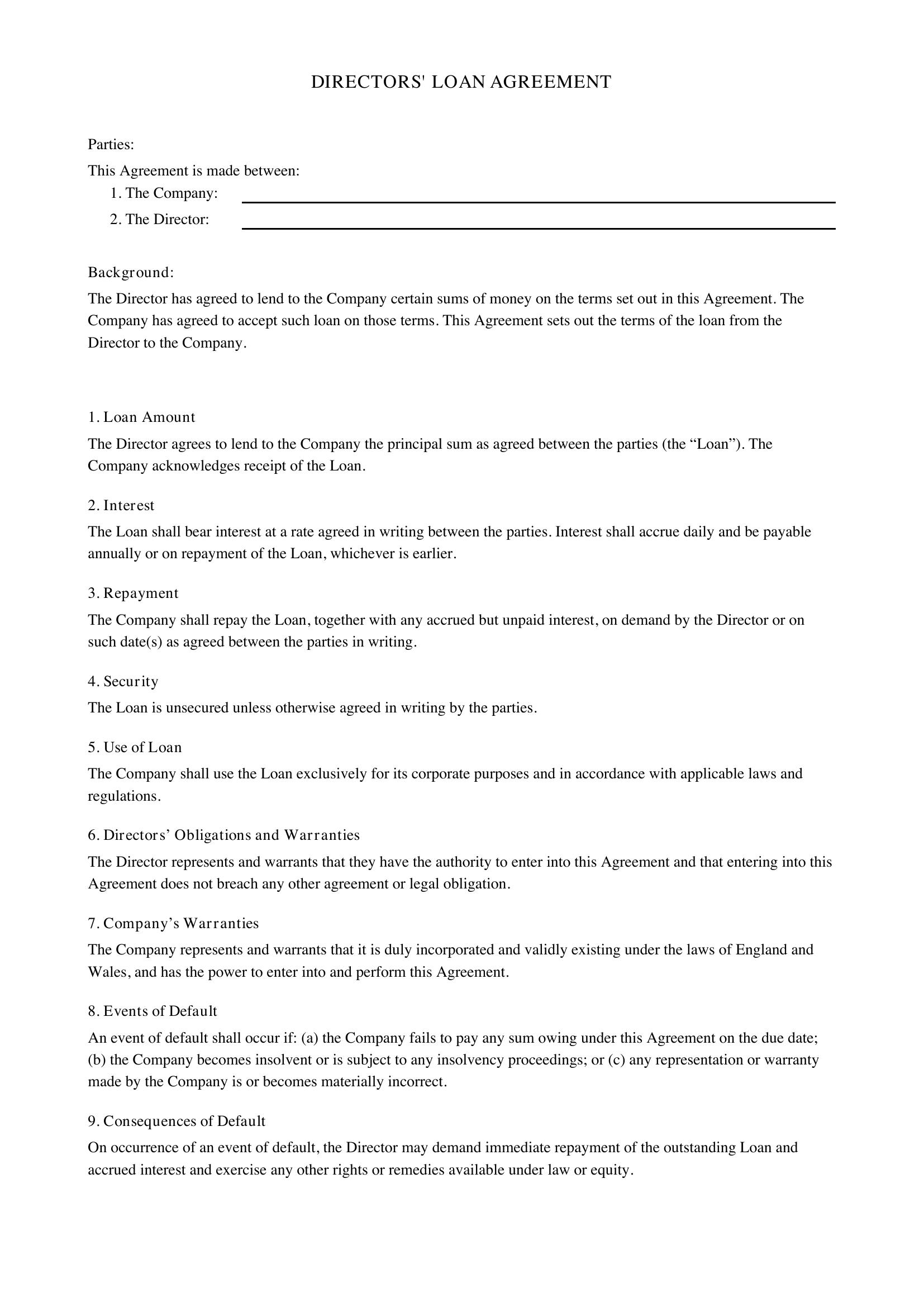 Directors Loan Agreement Template - UK