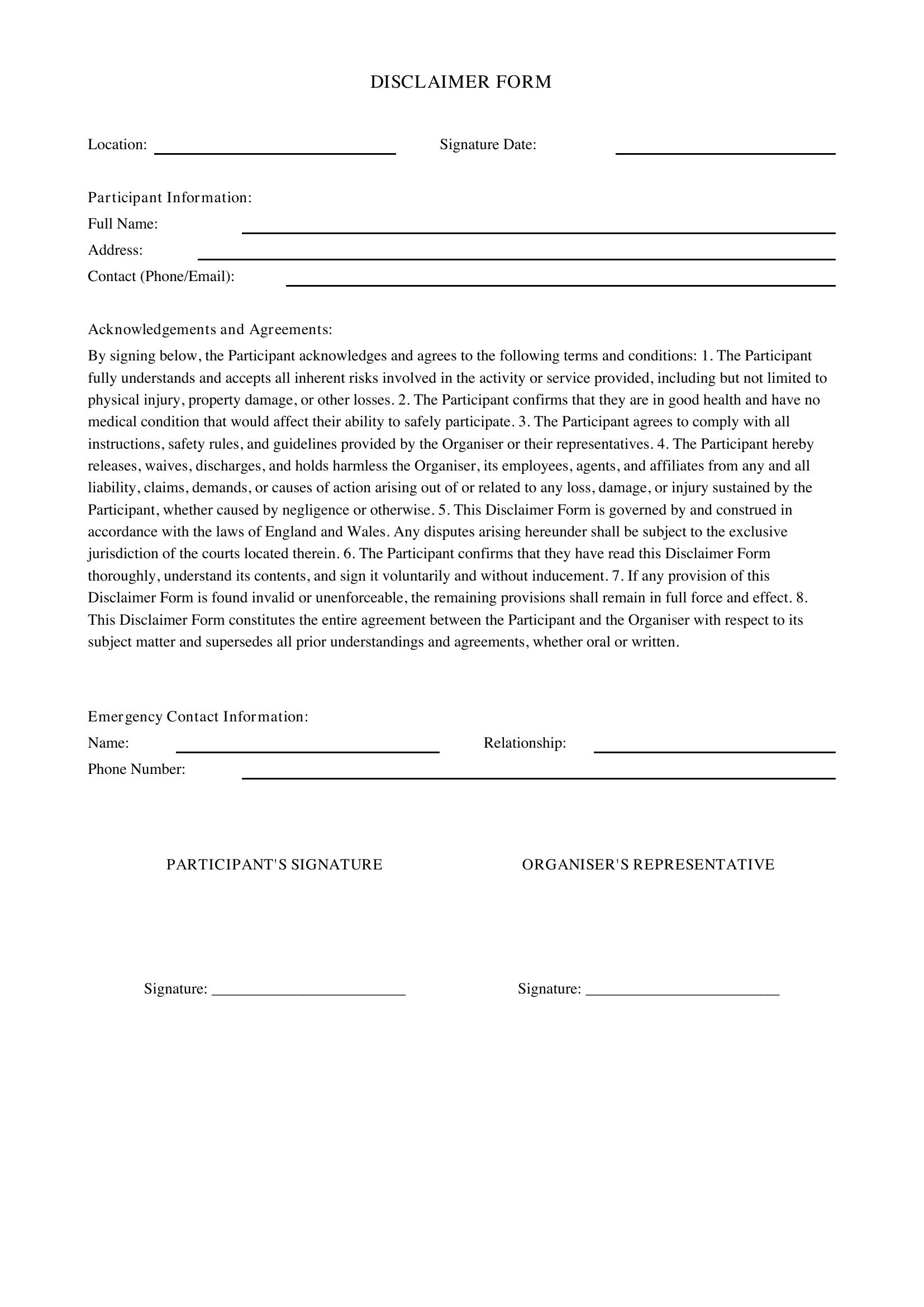 Disclaimer Form Template - UK