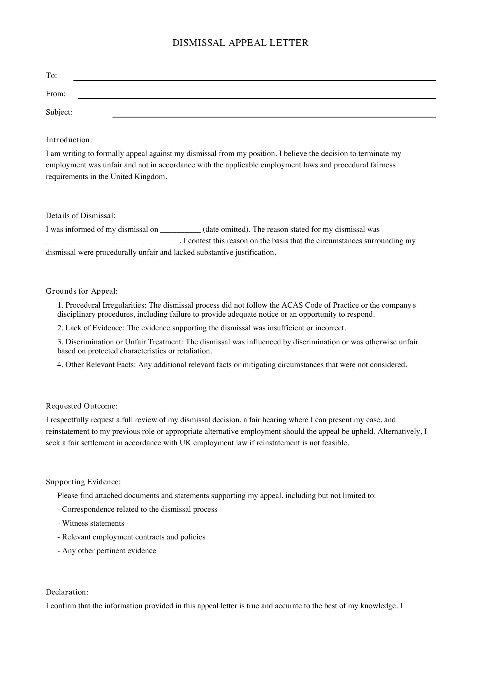 Dismissal Appeal Letter Template - UK