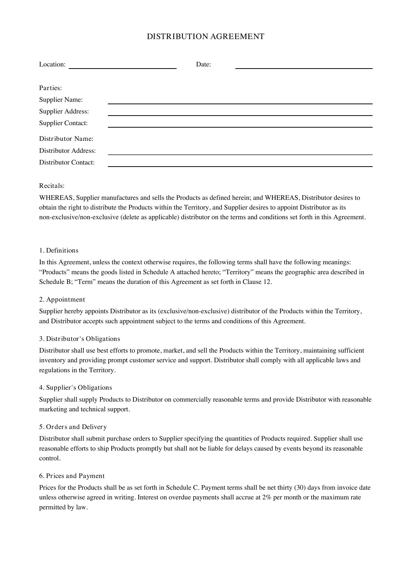 Distribution Agreement Template - UK