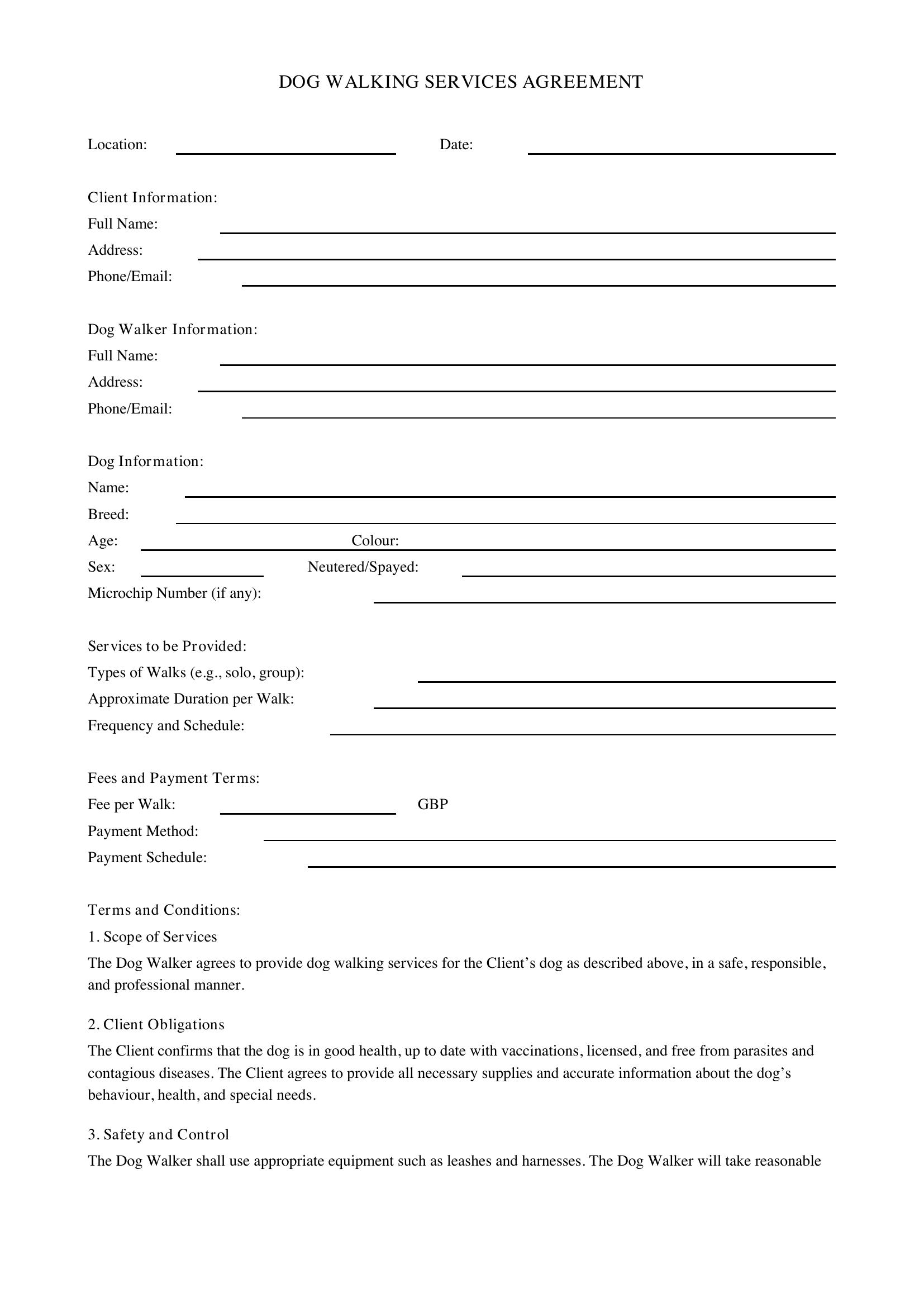 Dog Walking Contract Template - UK