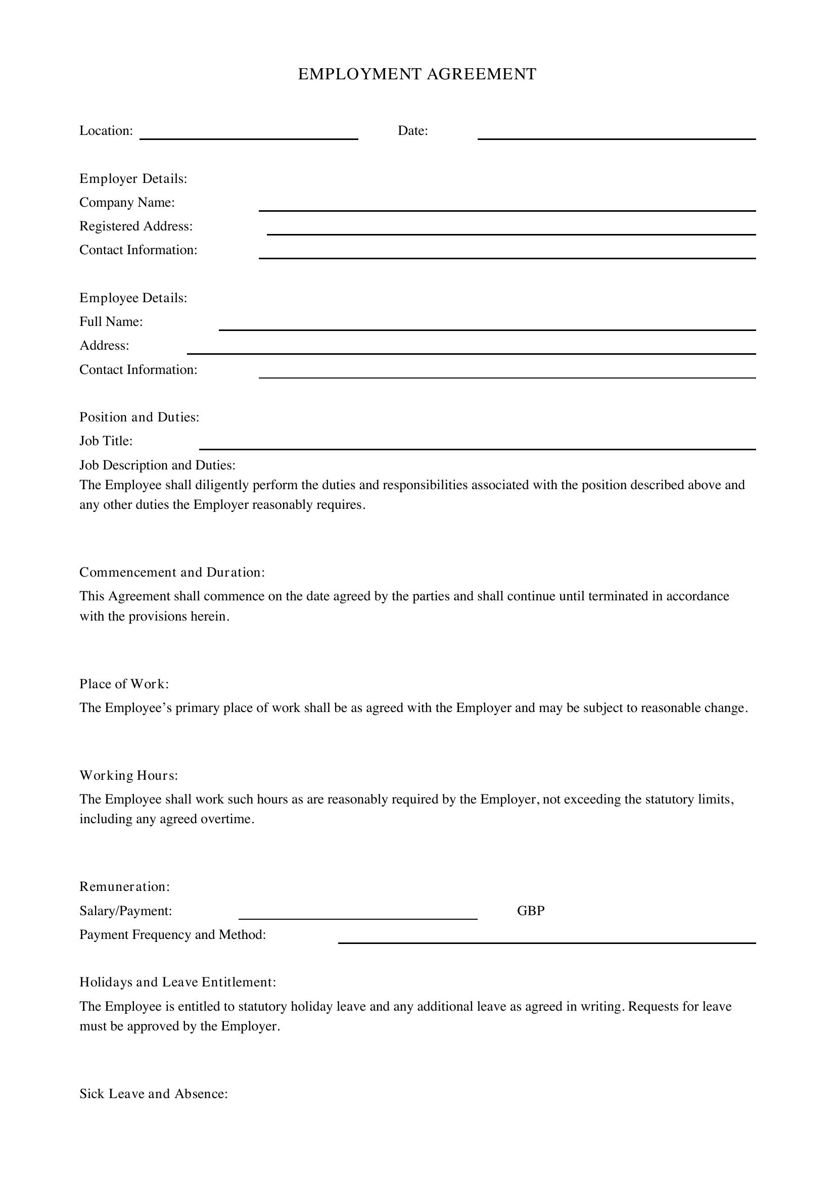 Employee Agreement Template - UK
