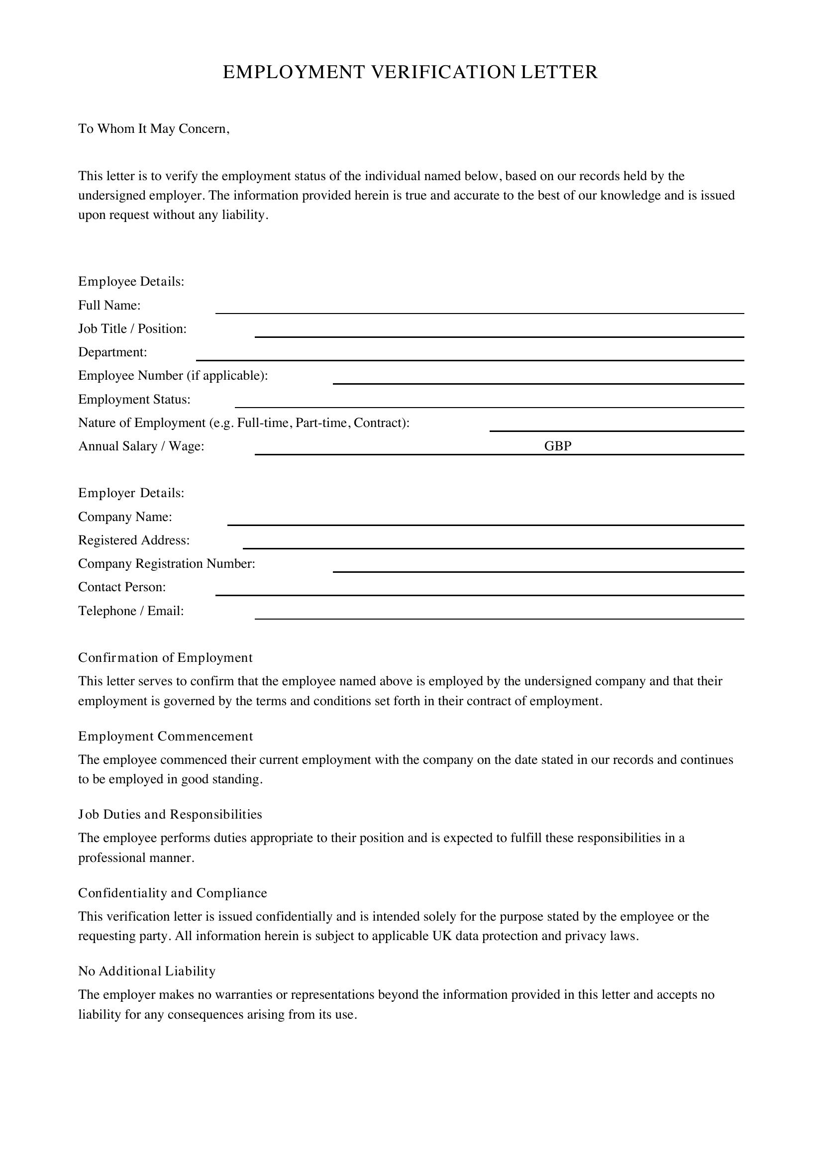 Employment Verification Letter Template - UK