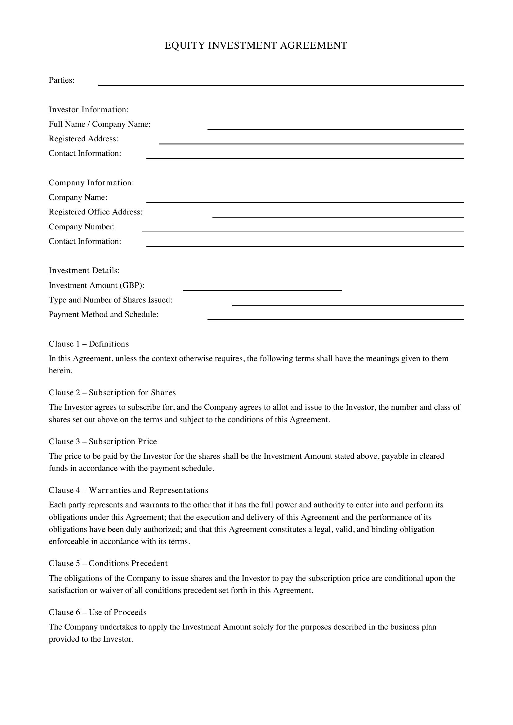 Equity Investment Agreement Template - UK