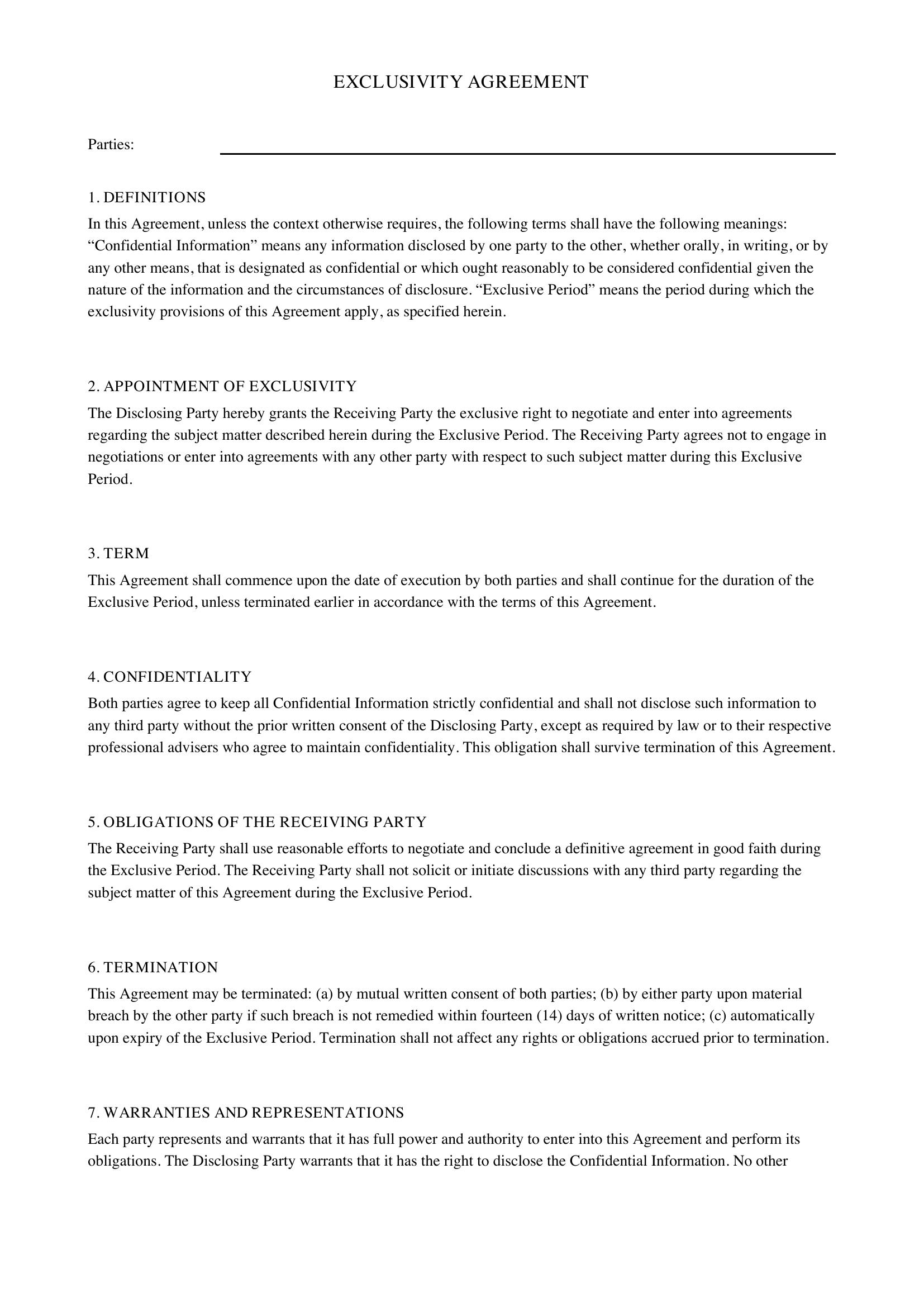 Exclusivity Agreement Template - UK